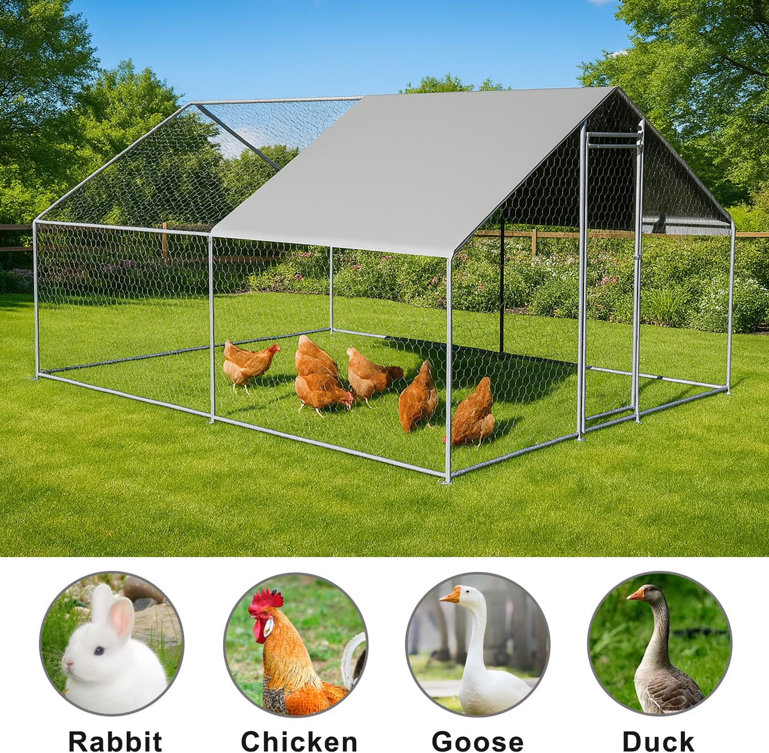 Large Spire-Shaped Chicken Coop, Galvanized Metal Hen House with Waterproof Sun-Protective Cover, Walk-In Chicken Run Pen for Backyard Farm, Poultry Cage for Chicken, Rabbits, Ducks, 400X300X200Cm image number 2