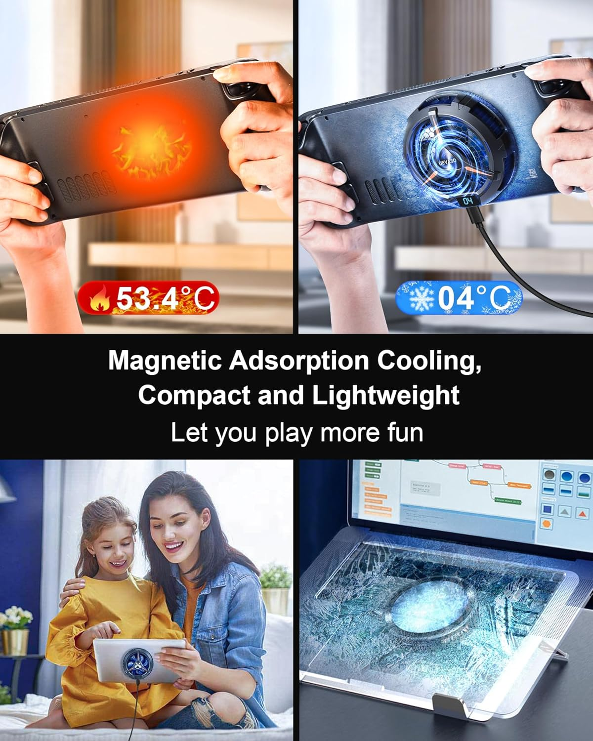 DEVASO Steam Deck Fan Cooler, Semiconductor Heatsink Cooling with 7-Blade Fan/Two-Speed Fan Settings/ 7-Color Cycle, Magnetic Cooler for Steam Deck OLED, Playstation Portal, ASUS ROG Ally Etc.