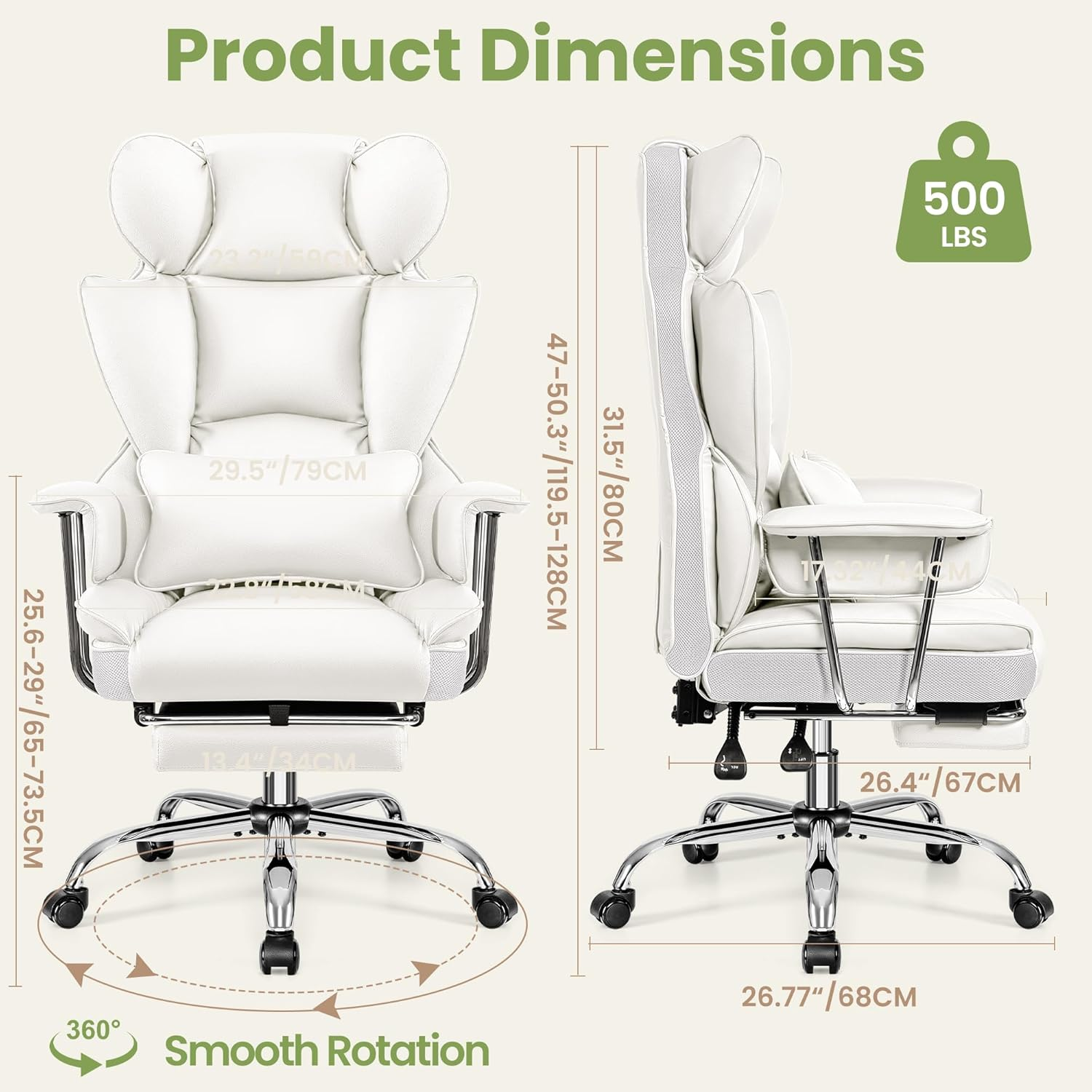 Ergonomic Office Chair with Footrest, Reclining Big and Tall Desk Chair, Leather Executive Office Chair with Lumbar Support, Comfy Wide Seat Computer Gaming Chair for Adults, White image number 1