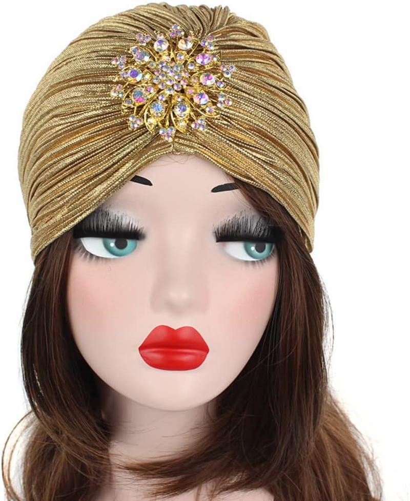 Women Vintage Turban Hat with Rhinestones Flower Decoration Beanie Cap Headwrap for 1920S Gatsby Costume Cocktail Party - Black image number 2