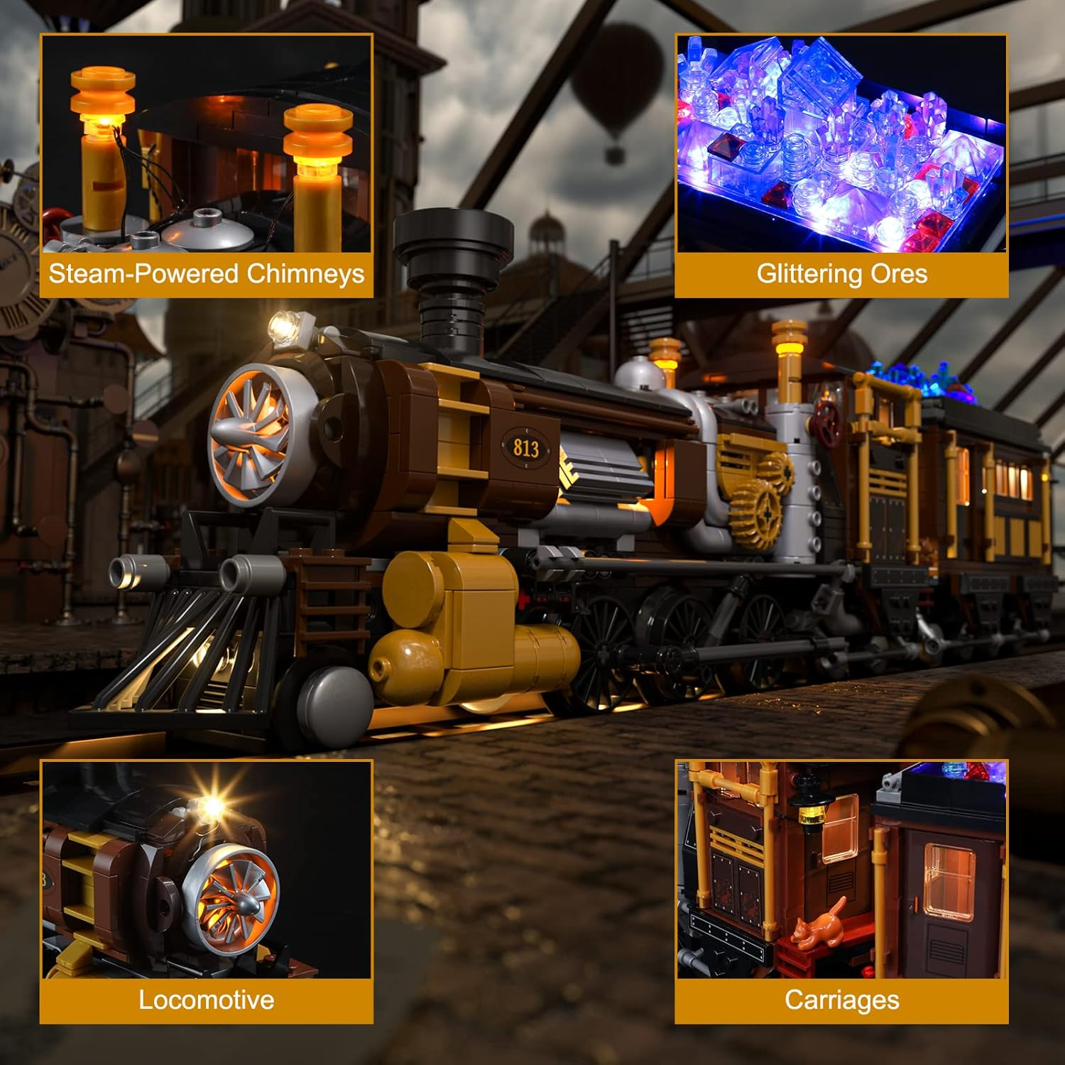 Funwhole Train Lighting Building Bricks Set - Steampunk Ore Train LED Light Building Set 1056 Pieces for Adults and Teens image number 5