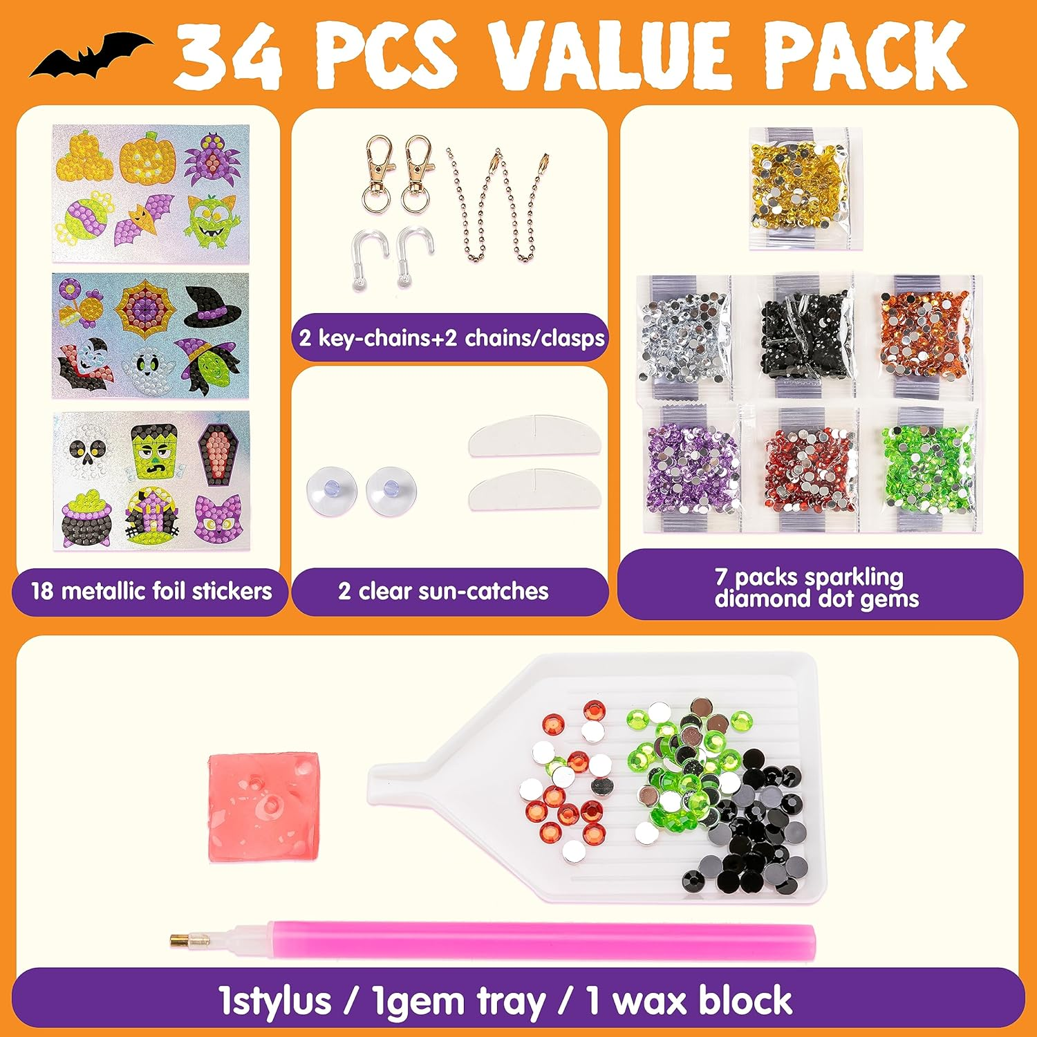 Klever Kits Halloween Gem Art Kit, Kids Halloween Crafts Party Supplies, Diamond Painting Kit with Stickers, Suncatchers, and Keychains, Party Favor DIY Activities School Game Goodies Gift image number 4