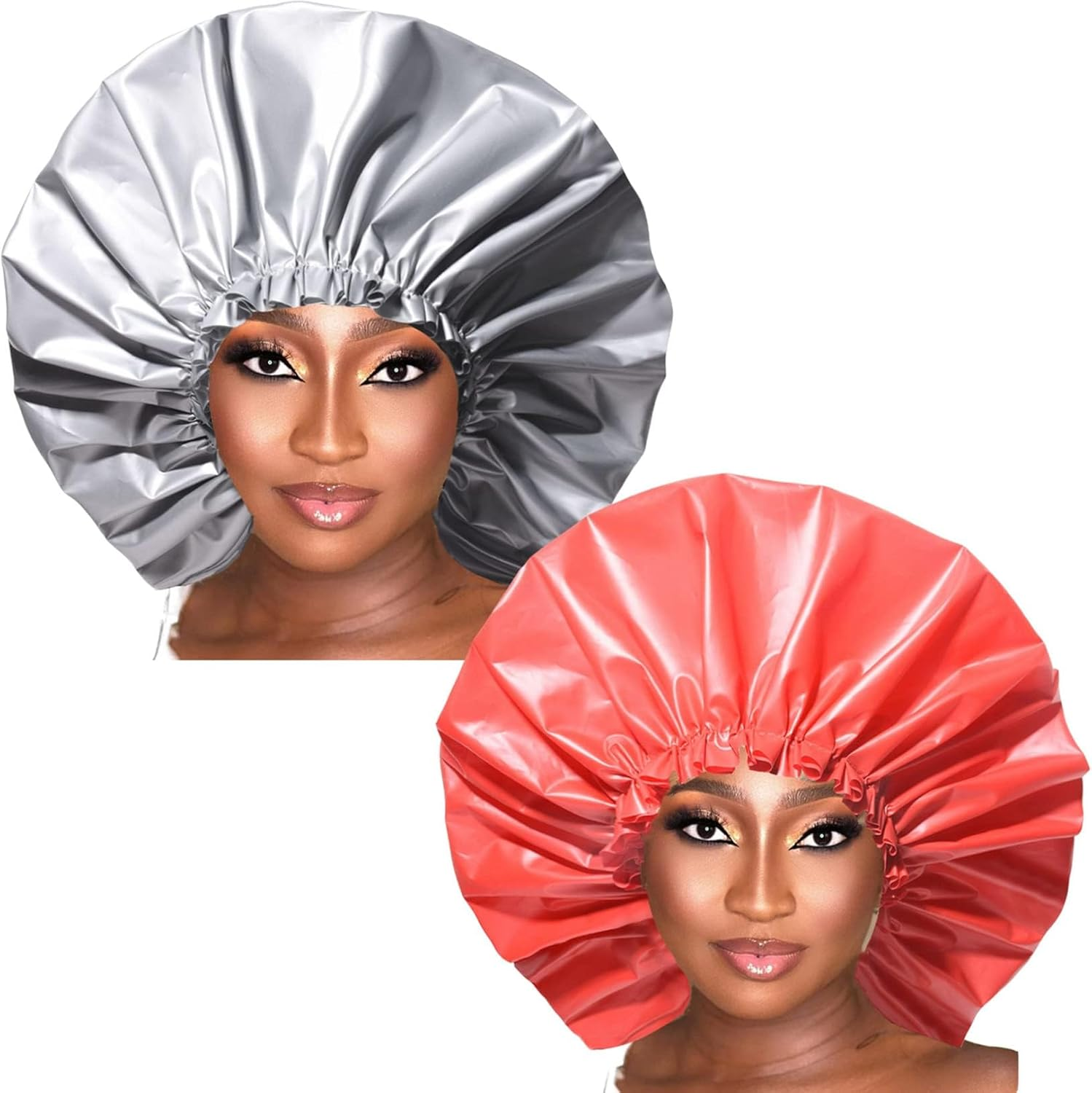 Shower Cap for Women,Extra Large & Waterproof & Reasuable Shower Caps 2 Packs Bath Caps for Braids Long Hair(Grey and Red)