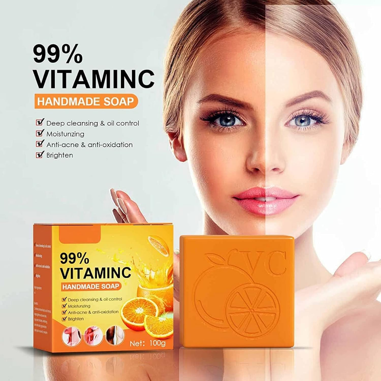 Natural Orange Vitamin C Handmade Soap, Whitening Handmade Soap, with 99% Vitamin C and Orange Extract, for Face & Body Exfoliate Moisturizing Whitening Care-100G image number 1