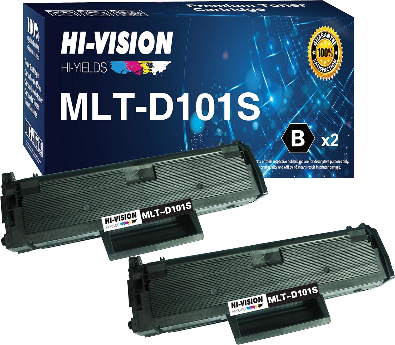 2-Pack Hi-Vision Compatible Samsung MLT-D101S MLTD101S 101S Toner Cartridge Replacement for SCX-3405F SCX-3405W SCX-3405FW ML-2165W ML-2160 ML-2161 Ml-2166W SCX-3400F SCX-3400FW Printer (Black) image number 2