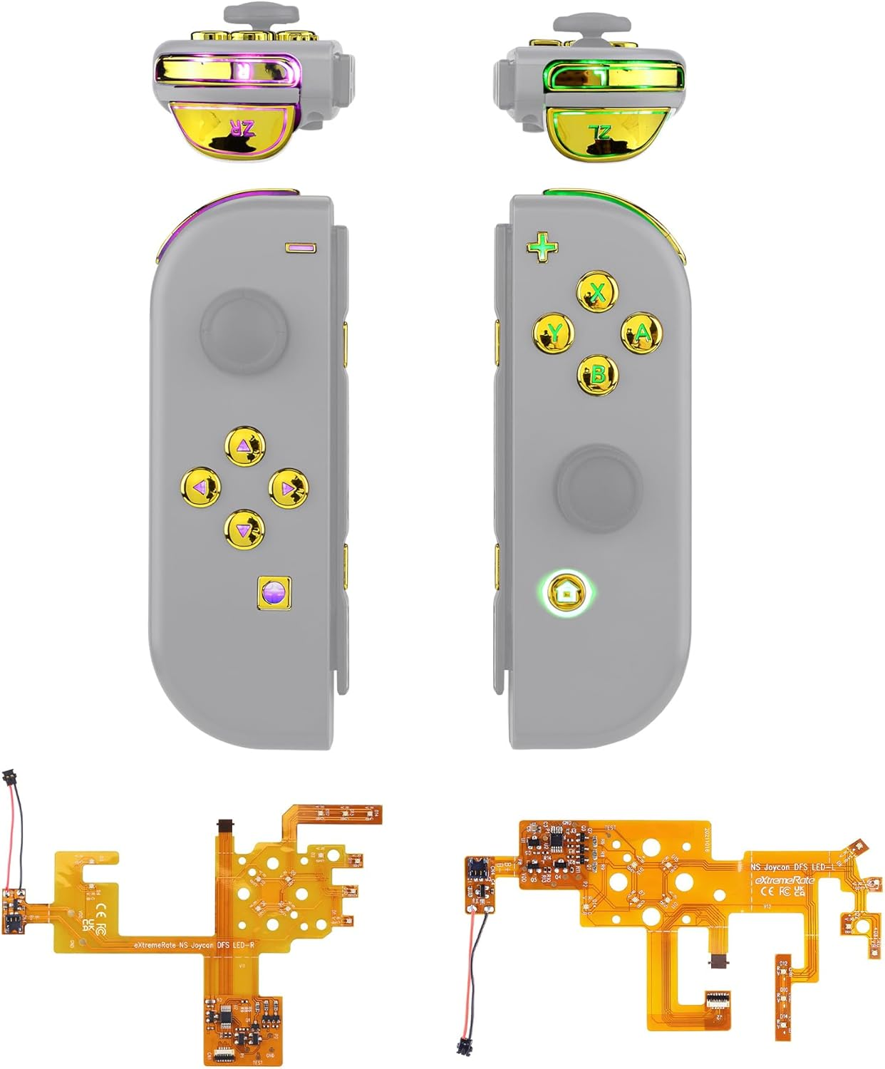 Extremerate 7 Colors 9 Modes NS Joycon DFS LED Kit, Multi-Colors Luminated Chrome Gold Classical Symbols ABXY Trigger Face Buttons for Nintendo Switch & Switch OLED Model Joy-Con - Joycon NOT Included image number 4