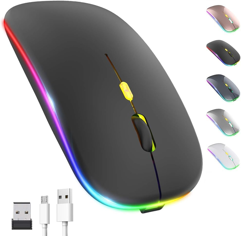 LED Wireless Mouse, Rechargeable Slim Silent Mouse 2.4G Portable Wireless Bluetooth Mouse Dual Mode with USB Receiver and Type C Adapter, 3 Adjustable DPI for Notebook, PC, Laptop (Black) image number 5