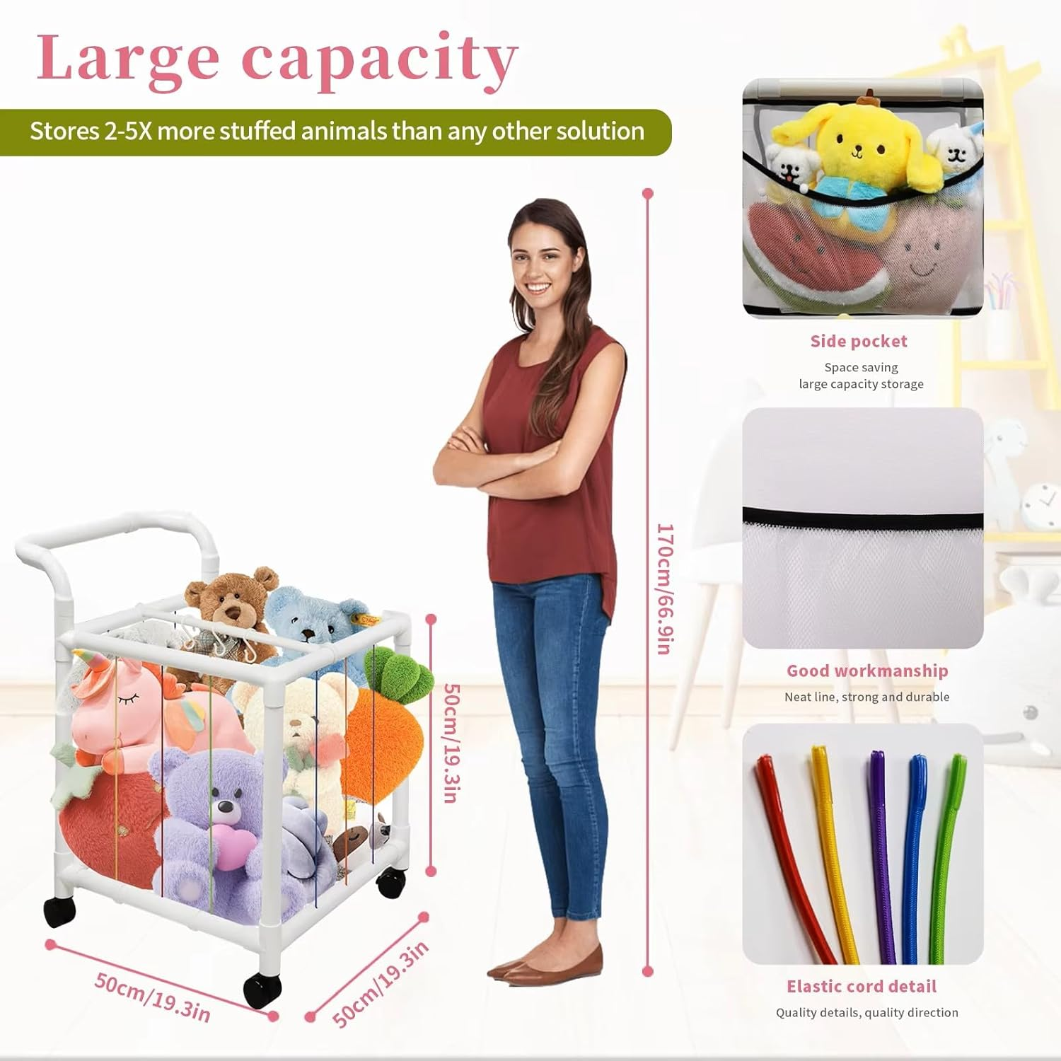 Stuffed Animal Storage Zoo, 360&deg; Rotatable Wheels Plush Tower Storage Single Layers Organizers Cage Holder with Elastic Band and Net for Bedroom Playroom Storage (50X50X50Cm) image number 3