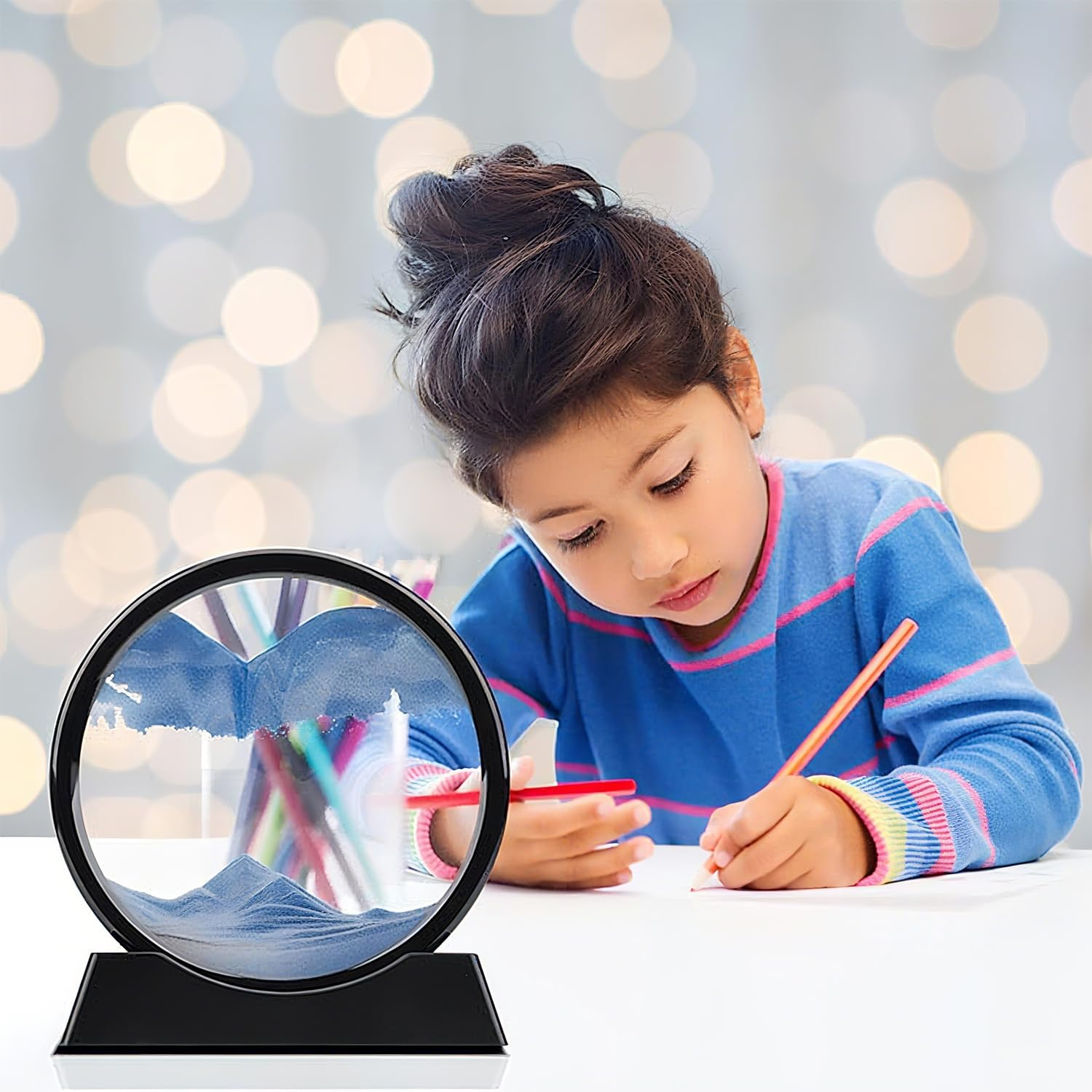 Moving Sand Art Picture in Motion round Glass 3D Deep Sea Landscape, Dynamic Sand Sandscapes, Sensory Relaxing Desktop Table Decor Desk Decor Art Desk (Bule) image number 3