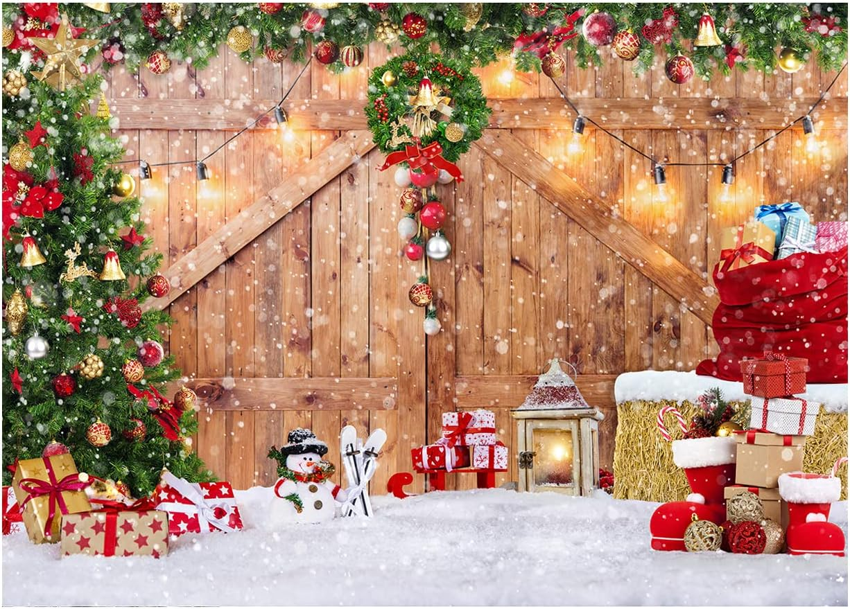 SJOLOON Rustic Christmas Barn Wood Door Backdrop for Photography Xmas Tree Snow Gift Wall Floor Party Photo Background Winter Holiday Family Supplies Banner Decoration Studio Props 12391 (10X8Ft) image number 4