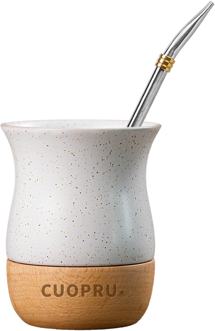 8 OZ Ceramic Yerba Mate Cup with Original Wood Base, Includes Mate Gourd, Bombilla Straw and Cleaning Brush - Perfect for Traditional Yerba Mate and Modern Style Drinking Mug (White) image number 3