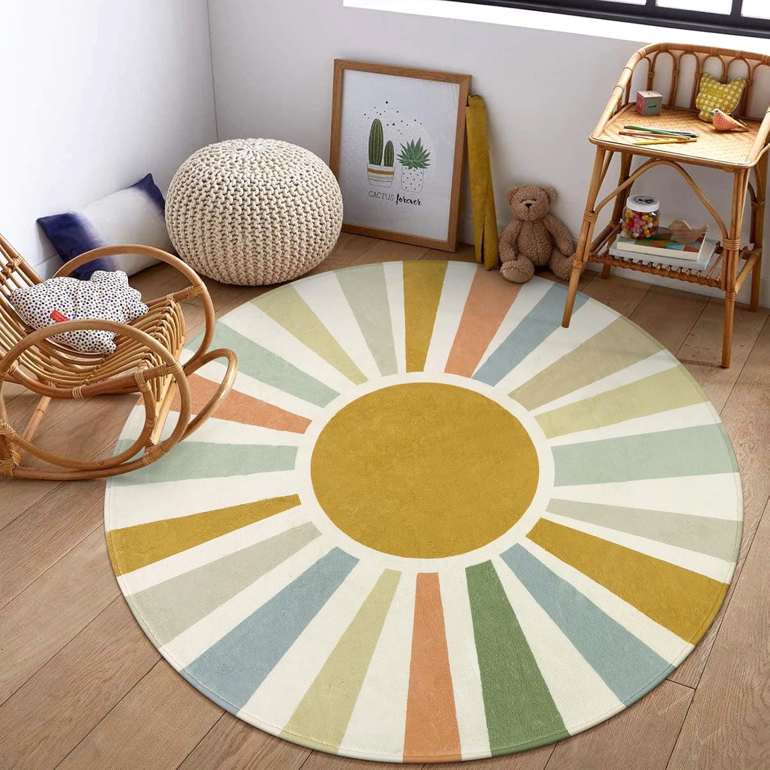 STARUIA Boho Sun round Area Rug, 6'X6', Monet, Living Room, Nursery, Playroom, Non-Slip, Washable image number 1