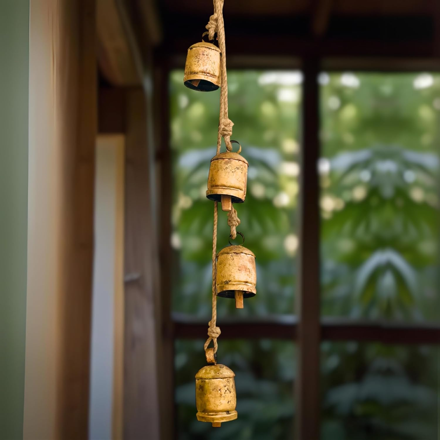 Mie Creation 4 Rustic Bells Cluster, Vintage Christmas Cow Bells on Jute Rope, Handmade Metal Wall Hanging Decor, Iron Cowbells, Christmas Decorations Ornaments for Holidays- Antique Gold 30 Inch