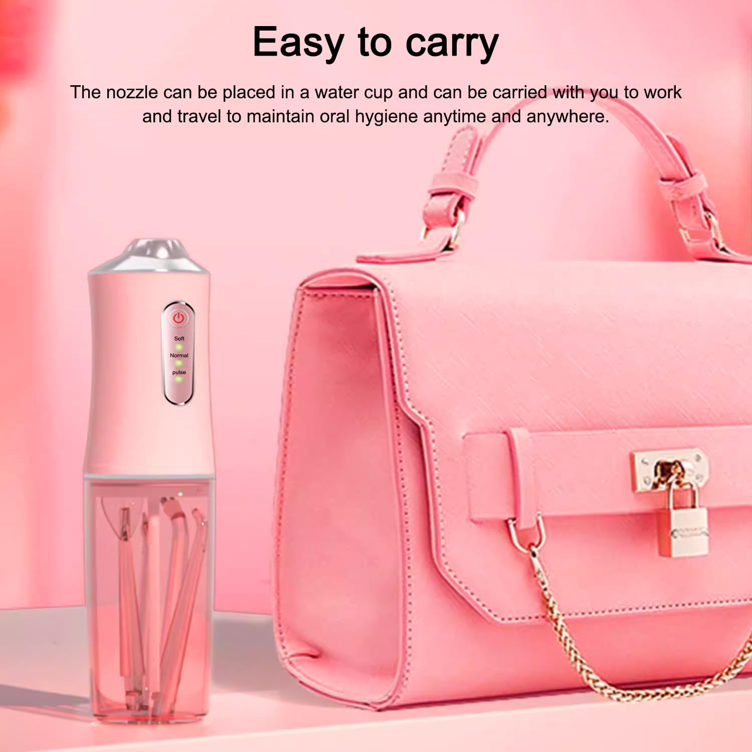 GIOD Water Flosser, Cordless Dental Oral Irrigator, Electric Portable Smart Tooth Cleaner, IPX7 Waterproof Rechargeable Dental Care with 3 Pressure Modes 4 Nozzles, 240Ml for Home and Travel (Pink) image number 6