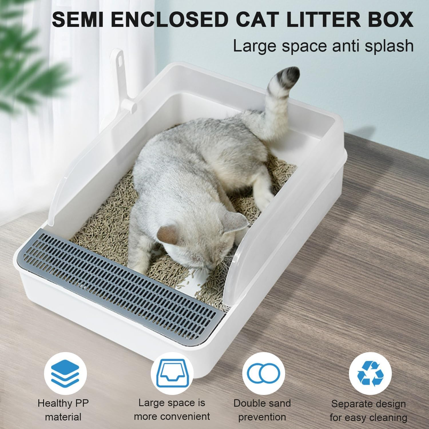 Cat Litter Tray 50X37X18Cm with Free Scoop, Semi-Closed Plastic Cat Litter Pan Top Entry Cat Litter Box, Suitable for Large Cat, Drawer Type Anti-Splashing Cat Toilet with Large Capacity image number 3