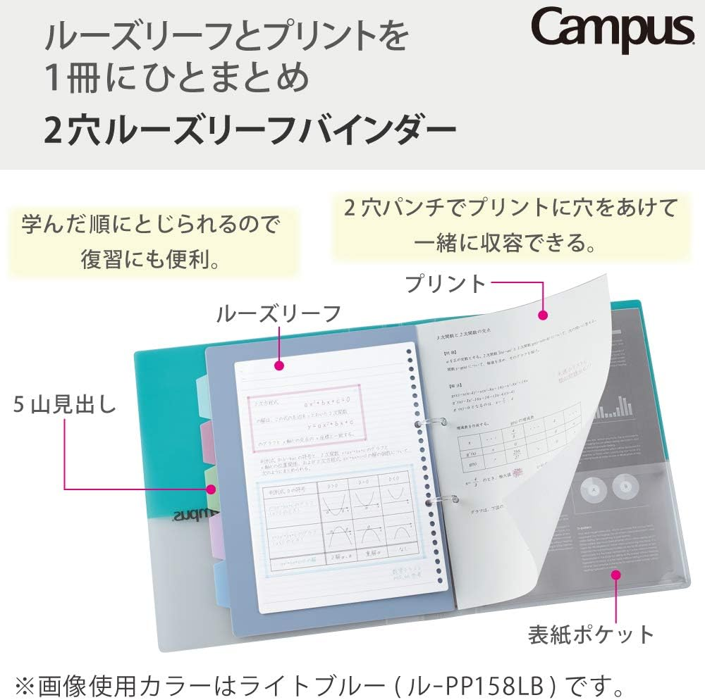 Kokuyo Campus 2-Ring Loose Leaf Binder, A4, 2 Holes, up to 100 Sheets, Light Blue, Japan Import (RU-PP158LB) image number 4