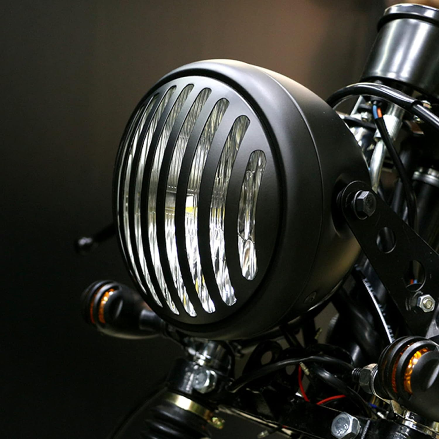 7" round Motorcycle Headlight with Custom Grille Cover and Bracket Assembly, Black Retro Universal Motorbike Front Headlamp for Softail Street Glide Chopper Cruiser CG125