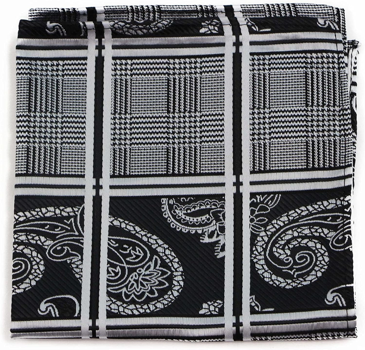 Mens Black, Silver & White Paisley Silk Pocket Square Black, Silver, White