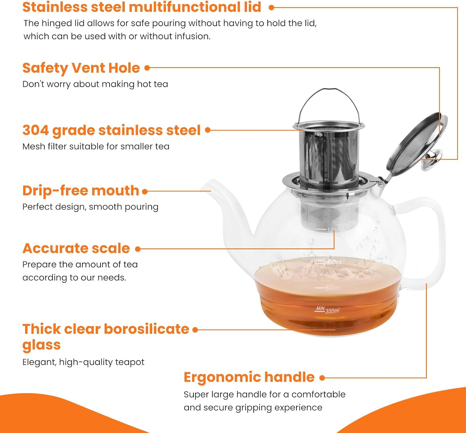 1200Ml Glass Teapot Set - Stovetop Safe with Removable Infuser, 4 Cups - for Loose Leaf & Flowering Tea, Compatible with Stove & Induction image number 3