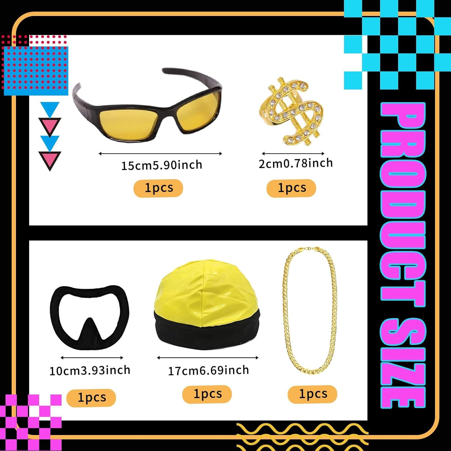 90S Rapper Celebrity Costume Set, Fancy Dress Accessories Kit with Black & Yellow Shell Suit, Hat, Black Goatee, Sunglasses, Gold Chain, Ring Hip Hop Outfit for Adults Halloween Stag Do Party image number 2
