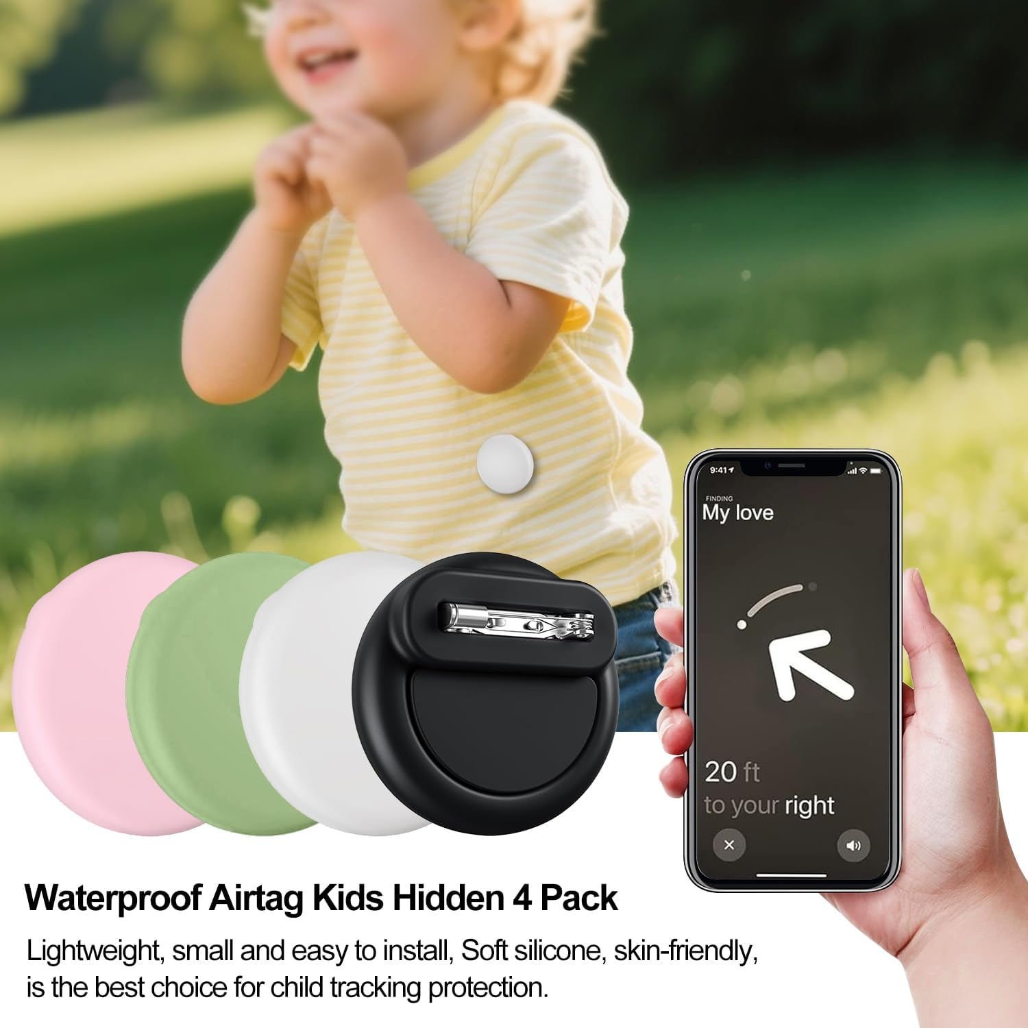 T Tersely【4 Pack】 Waterproof Holder for Airtag 2Nd/1St Generation (2026/2021), Silicone Case Holder with Invisible Pin, anti Lost, for Kids, Elderly, Luggage, Clothing (Black White Pink Green) image number 6