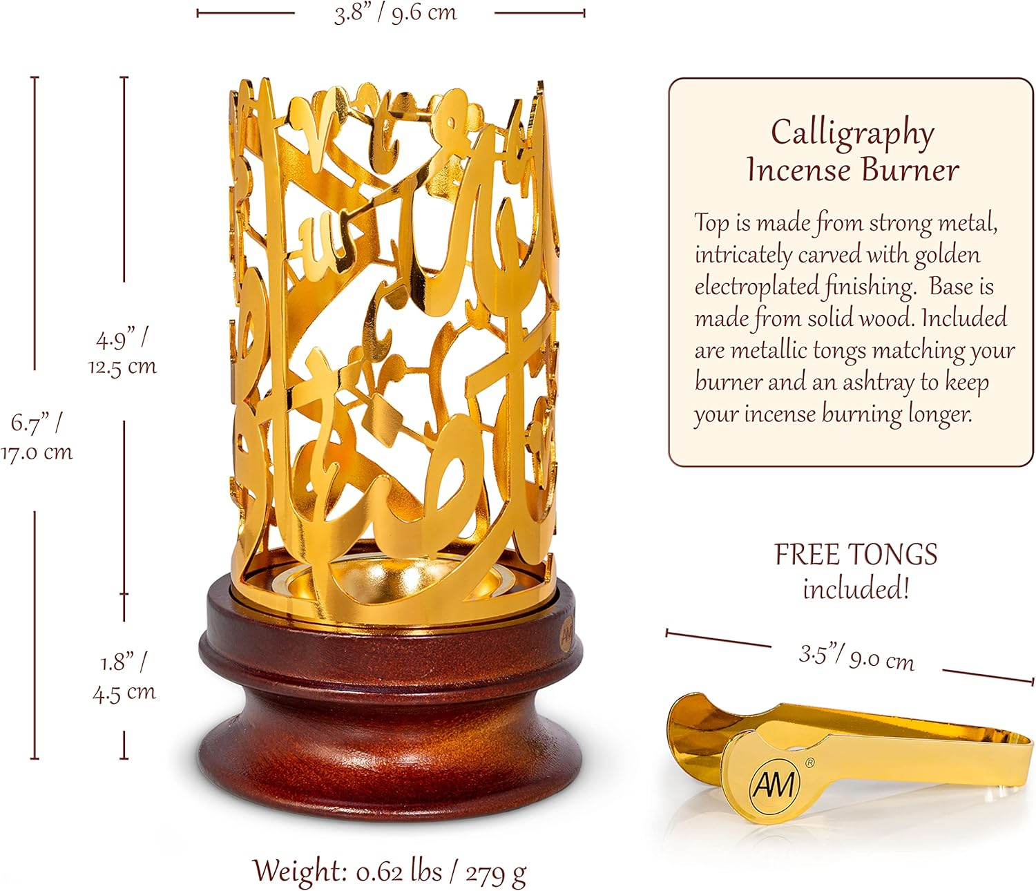 AM Bakhoor Calligraphy Incense Burner - Metalic Resin Cone Holder | Wooden Base | Frankincense Charcoal Burner (Mabkhara) | Spiritual Gifts for Office & Home Decor (Gold)