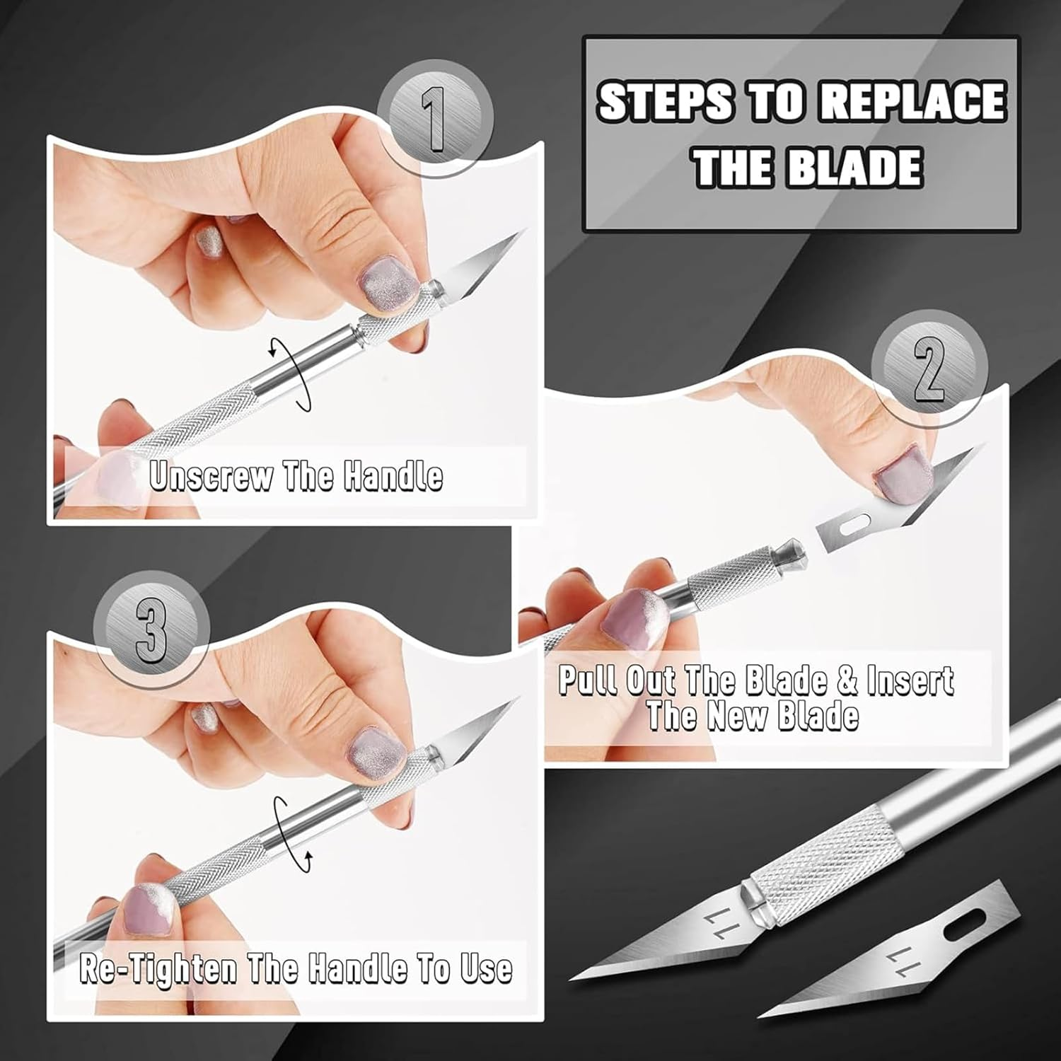 2 Pcs Craft Hobby Knife Set, Exacto Art Knife for Fondant, Precision Knife for Crafts, Leather with 10 Pcs Stainless Steel Blade Kit (Black and Silver)