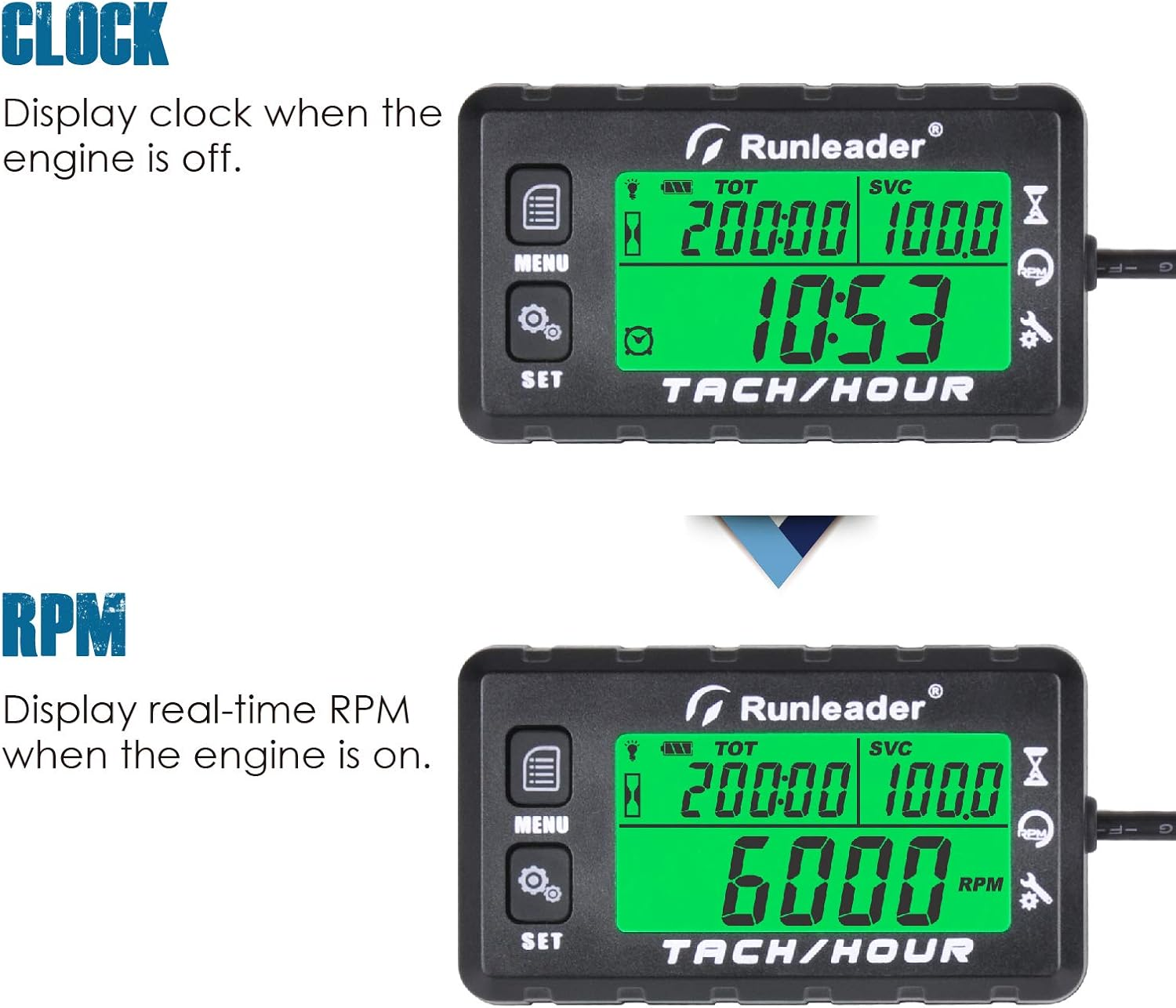 Runleader Hour Meter Tachometer, Maintenance Reminder, Alert RPM Reminder, Initial Hours Settable, Battery Replaceable, Use for Lawn Mower Generator Marine ATV and Gas Powered Equipment (HM058B-BK)