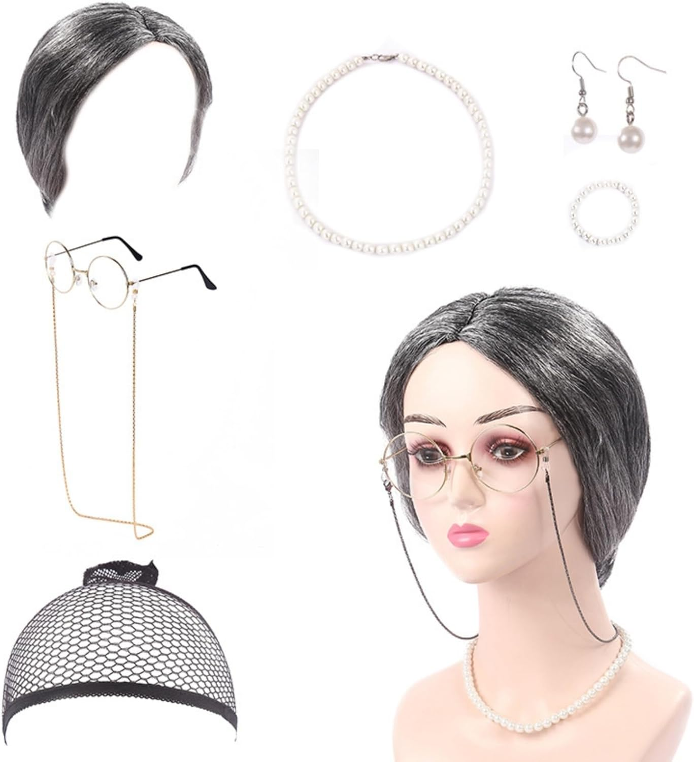 7 Pcs/Set Grandma Old Lady Dress up Set, Granny Wig Adult Halloween Cosplay Party Witch Decoration, Old Women Granny Wig for Halloween Cosplay 100 Days
