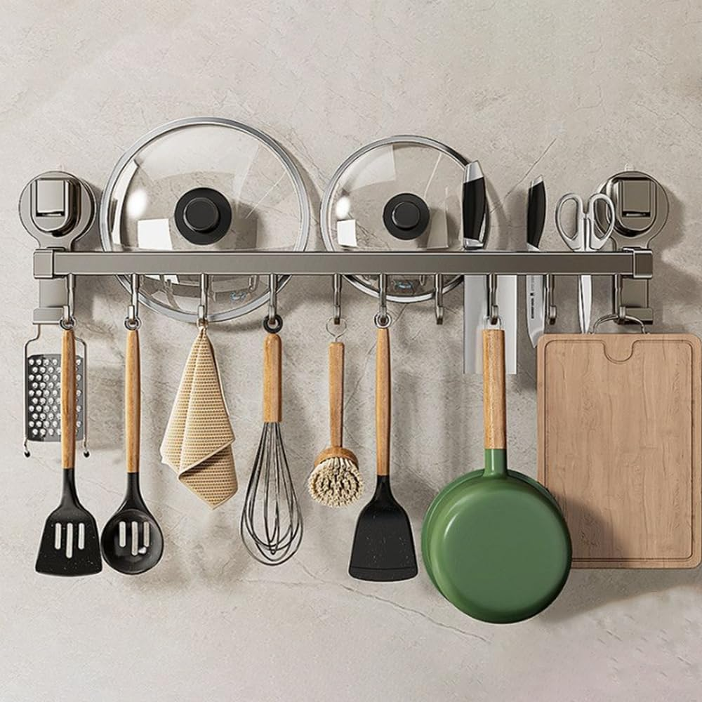 Kitchen Organizer, Kitchen Utensil Rack, Double Rod Wall Mount Hanging Shelf, Pot Hanging Rack, Kitchen Railing with Hooks for Pots and Pans, Gray (10 Hooks 50Cm) image number 4