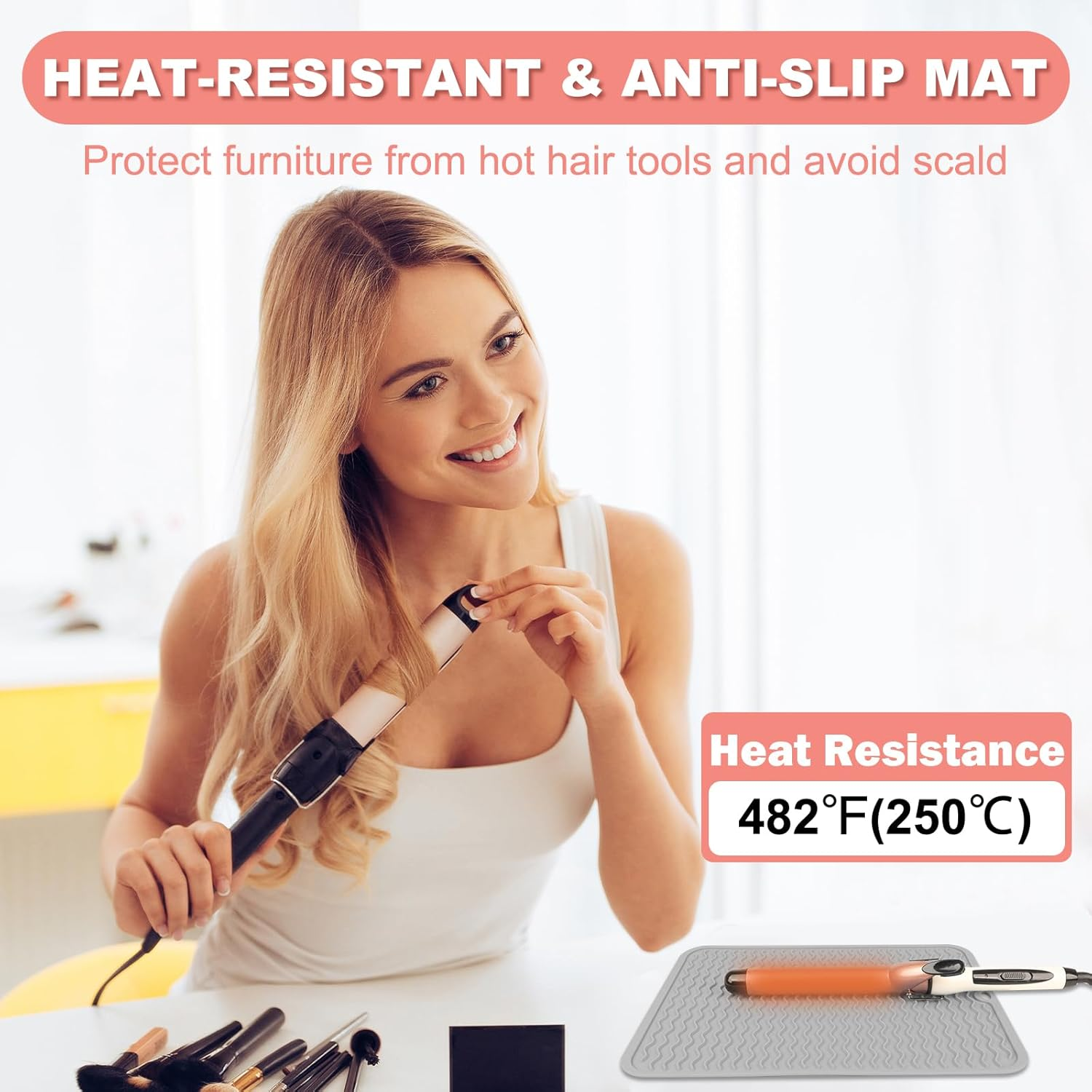 Oversize Silicone Heat Resistant Mat for Curling Iron, Hair Straightener, Flat Irons and Hot Hair Styling Tools, Portable Wrap Cover with Velcro for Home Travel Gym Salon(14.2"" X 11"") - Gray image number 2