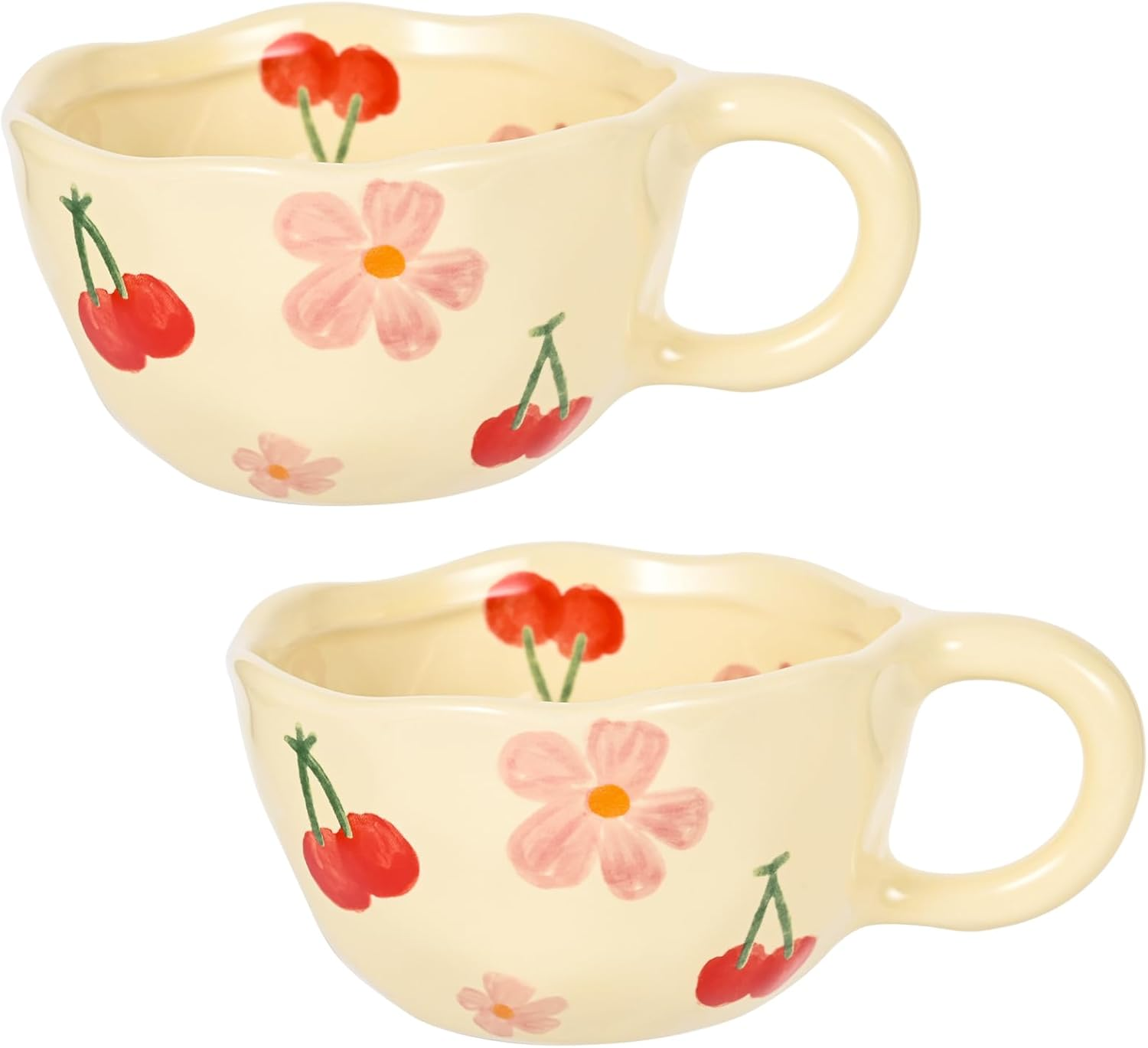 Ceramic Coffee Mug Vintage Flower Mugs 8 Oz Cute Floral Coffee Mugs Irregular Latte Art Cup Lead-Free Porcelain Cups for Cappuccino, Cocoa (2 Pcs Pink Cherry) image number 2