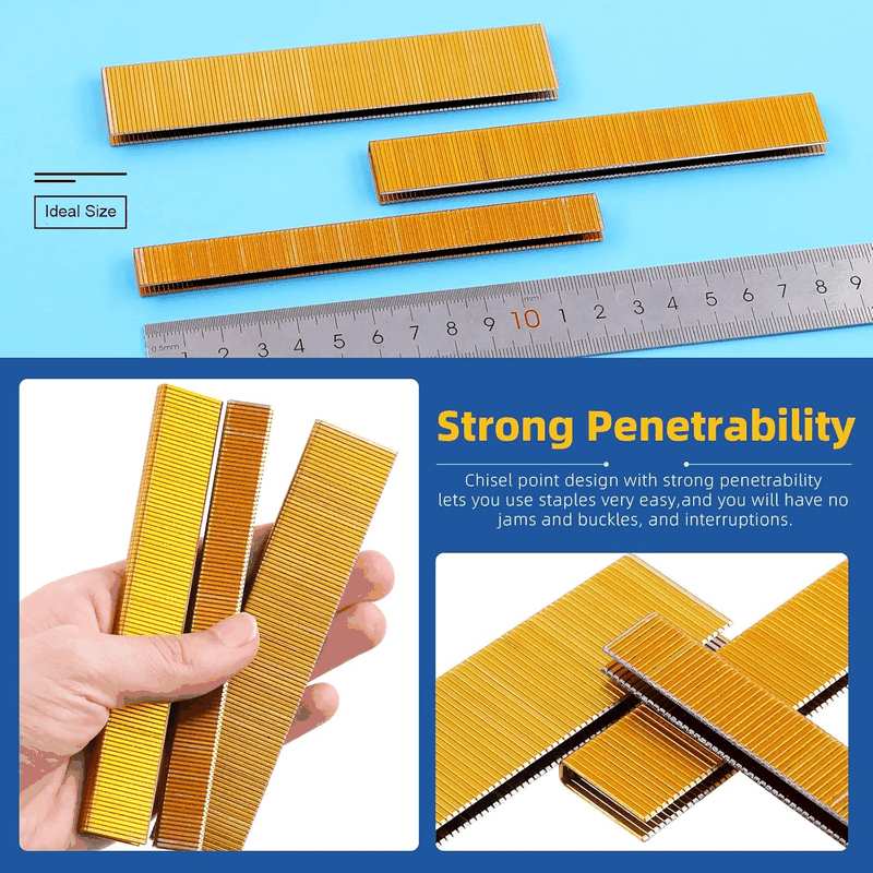 Glarks 2000Pcs 18 Gauge Narrow Crown Staples, 1/2 Inch Galvanized Crown Narrow Staples Assortment Kit for Electric Stapler, Pneumatic, DIY Home Improvement (Gold) image number 6