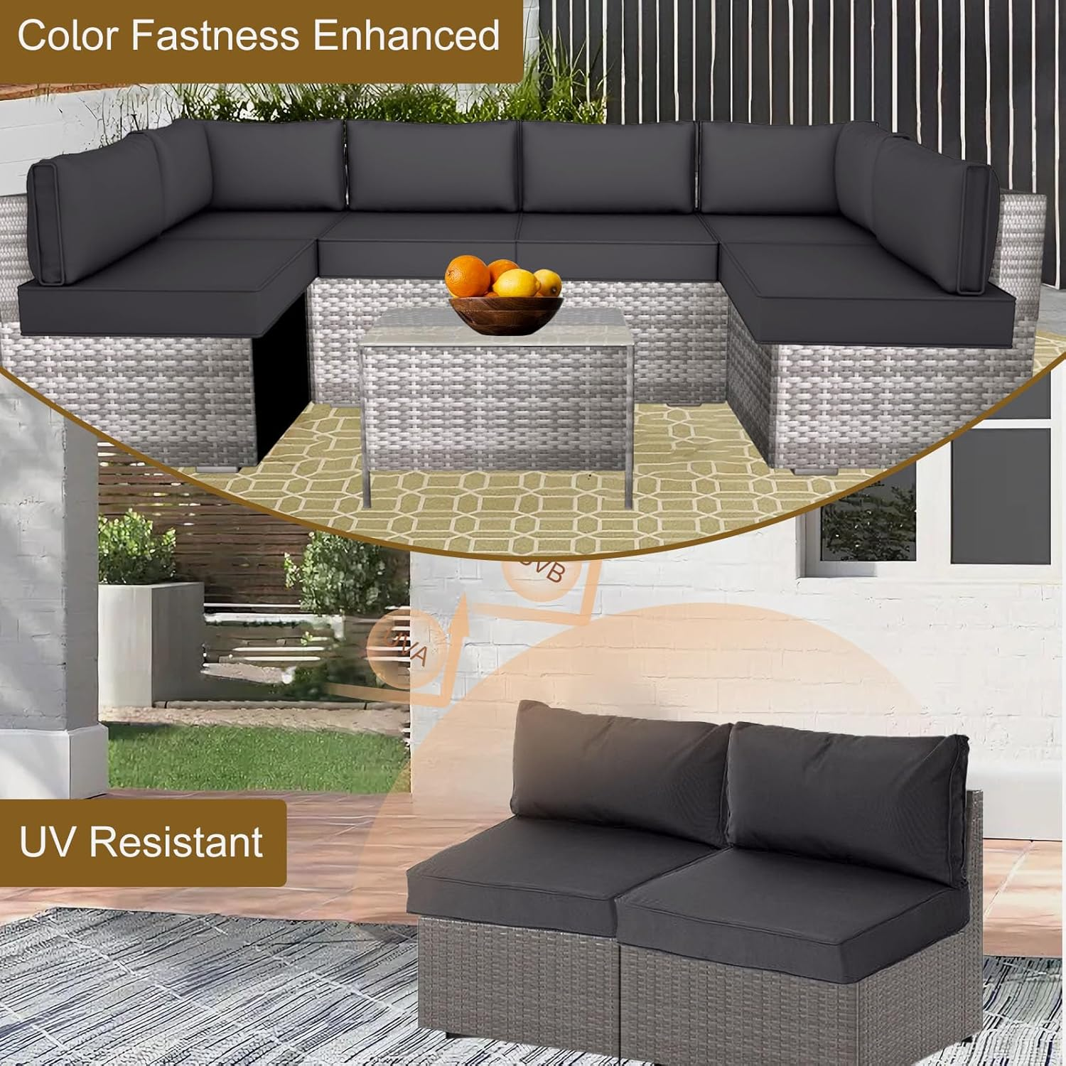 14 Piece Outdoor Patio Cushion Cover Replacement, Waterproof Patio Cushion Covers, Outdoor Furniture Cushion Covers Set for 6 Seat Wicker Rattan Sofa (Deep Grey, 25.6 * 25.6 * 4 Inch) image number 5