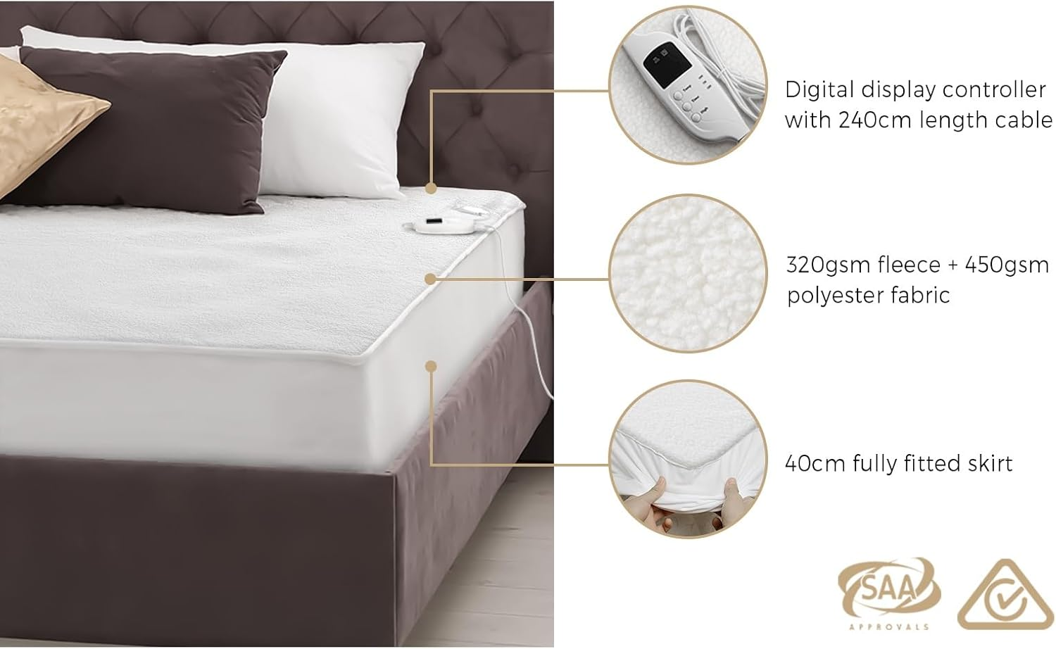 Queen Electric Blanket Fully Fleece Fitted Heated Throw Rug Blanket Mattress Cover with 450GSM Polyester 9-Level Temperature Setting Hand/Machine Washable Overheat Protection image number 5