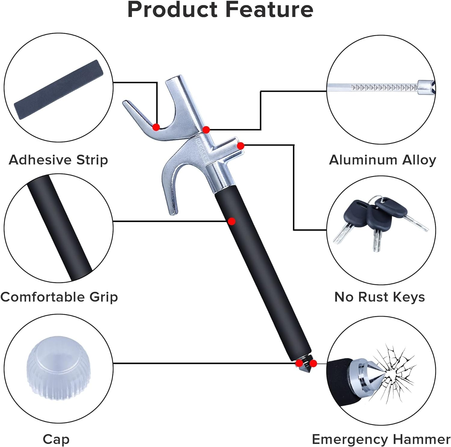 Anti Theft Steering Wheel Lock, Retractable Wheel Locks, Universal Adjustable Car Theft Prevention Device with 3 Keys and Safety Hammer Fit for All Type of Cars image number 2