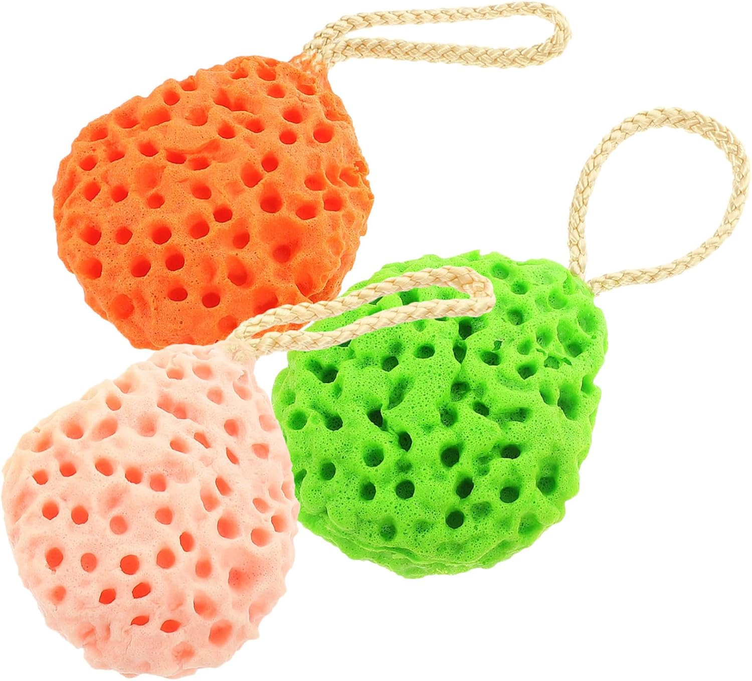 3Pcs Portable Facial Exfoliating Sponges for Face Washing and Makeup Removal, Supple Compressed Bath Sponges in Green, Orange, and Pink for Daily Skincare and Shower Use image number 2