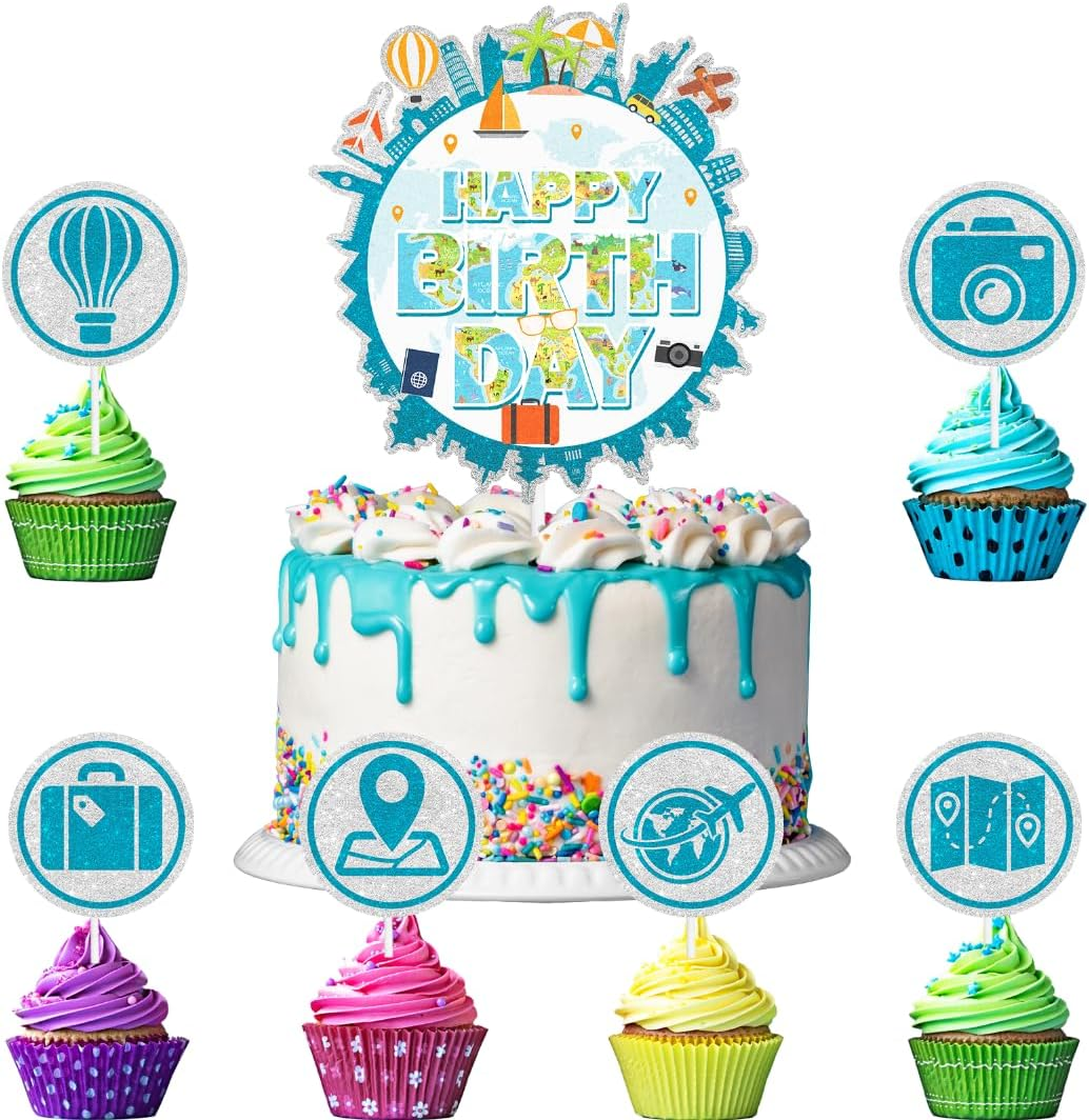Travel Birthday Themed Happy Cake Topper 7-Piece Set - Adventure Waiting Party, Travel around the World Party, Retirement Party Suitcase, Airplane Decoration.Wish Bon Voyage - LIANGSS image number 4