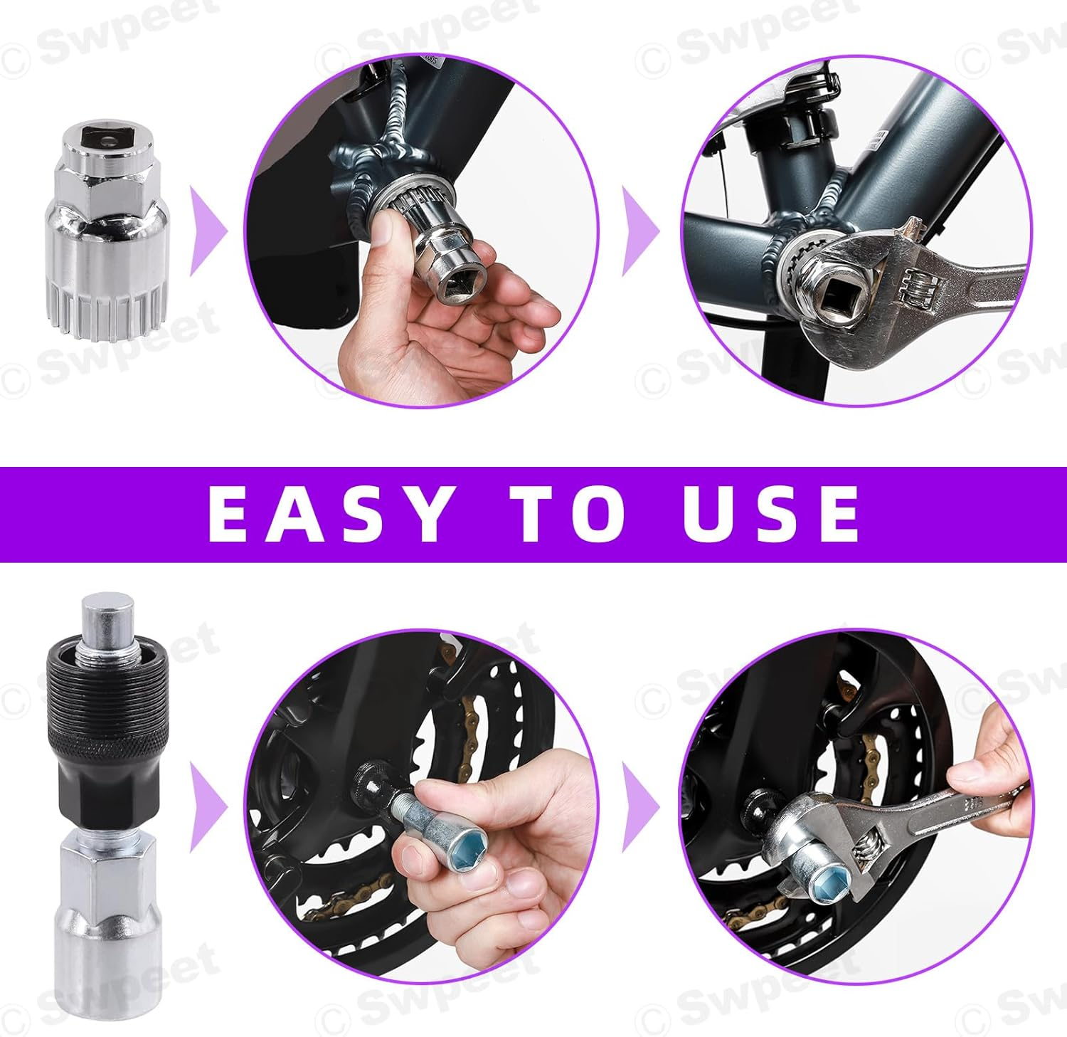 Swpeet 6Pcs Steel Bicycle Repair Tool Kit, Portable Emergency Accessories, Includes Bike Crank Extractor, Bottom Bracket Remover, 16Mm Spanner Wrench, Allen Wrench, Square Nut, Portable Bag image number 4