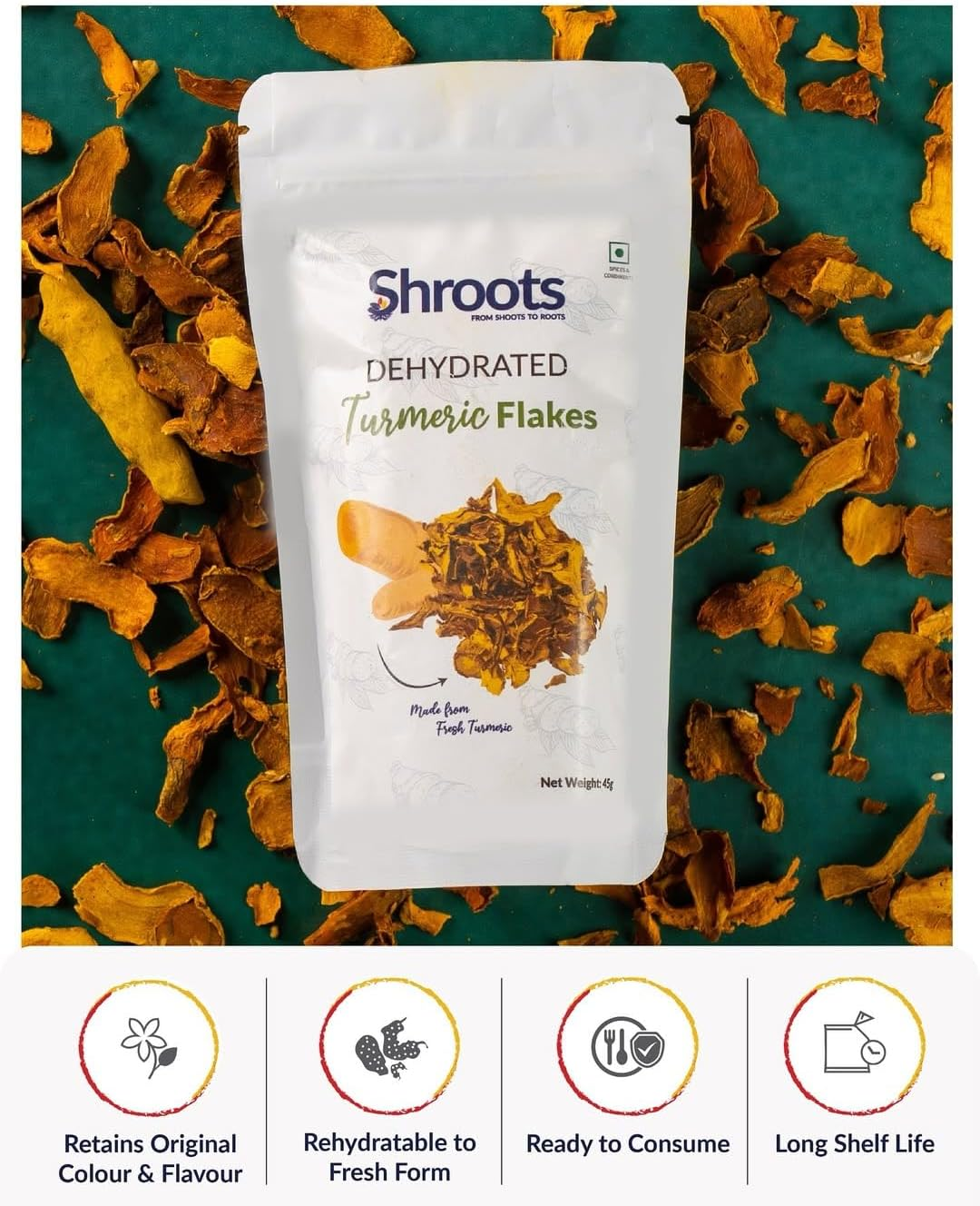 SHROOTS Dehydrated Turmeric Flakes Pure Vegetarian Gluten-Free No Added Salt Easy Cooking Essential Machine Dried Vegetables with Natural Aroma Ideal for Camping or Everyday Meals 1.59 Oz, Pack of 1