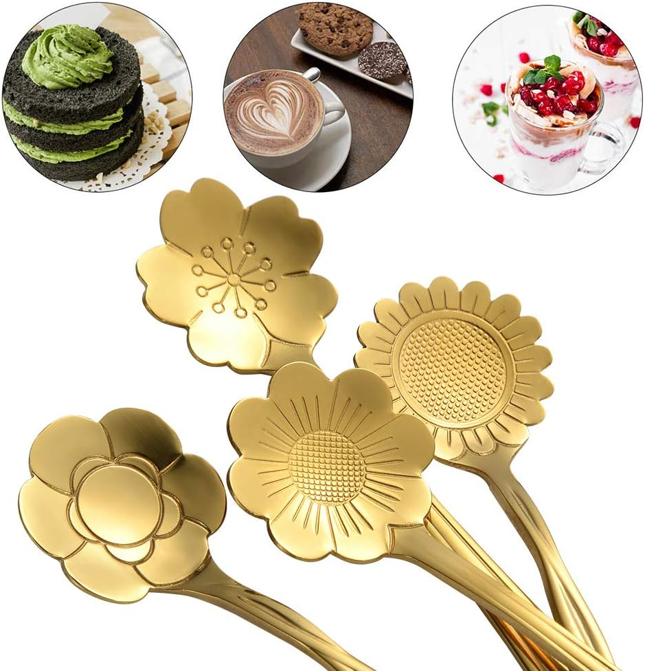 Ansaw 8 Pcs Flower Spoon Set, Stainless Steel Reusable Tea Scoops for Stirring, Coffee, Mixing, Sugar, Dessert, Cake, Ice Cream - Tableware for Tea Parties (Length: 4.9 Inch, Gold) image number 2