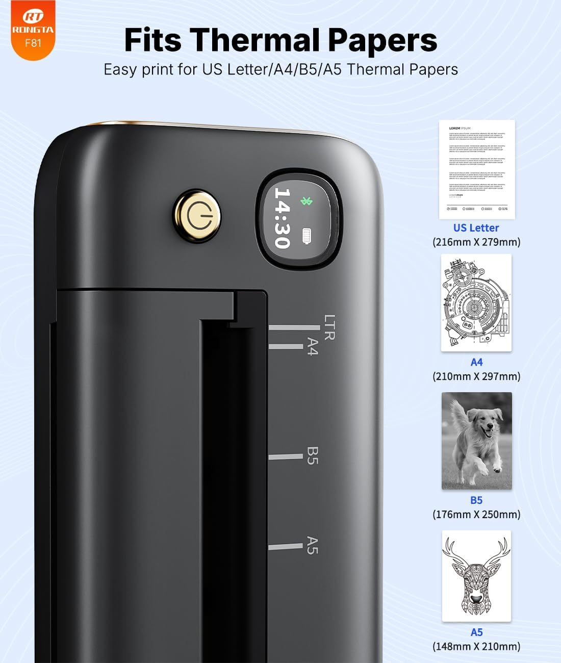 Rongta Portable Printers Wireless for Travel, Bluetooth Mobile Printer, Thermal Inkless Printer for School/Office/Home Use, Compatible with Android,Ios & Laptop (Gray)