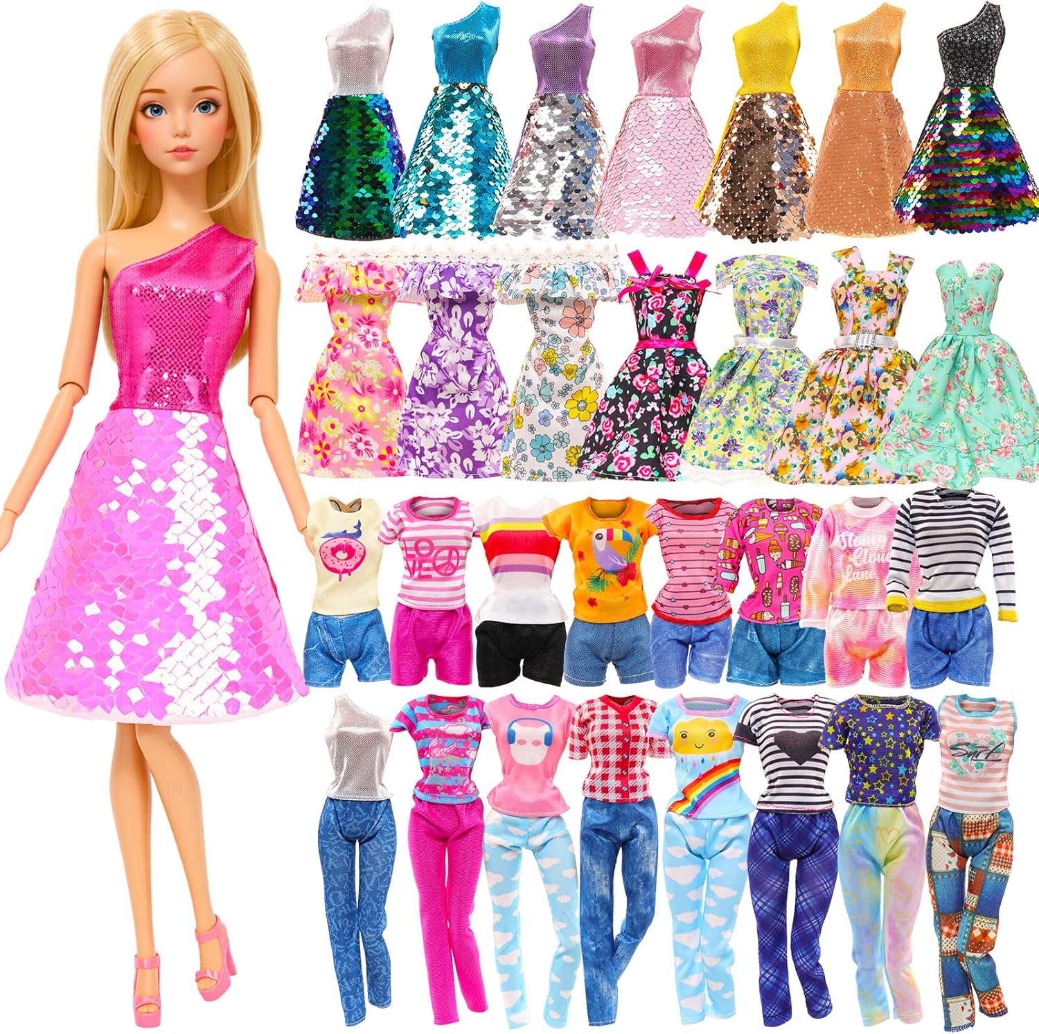 BARWA 10 Sets Doll Clothes Including 3 Sequins Dresses 3 Fashion Floral Dresses 4 Casual Outfits Tops and Pants for 11.5 Inch Girl Dolls image number 5