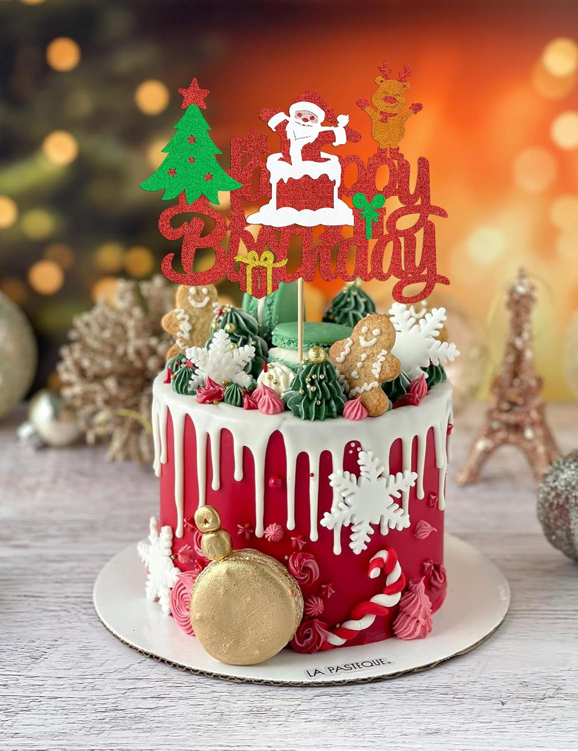 Santa Clause Birthday Cake Topper - Glitter Red Reindeer Winter Christmas Party Decoration Supplies image number 5