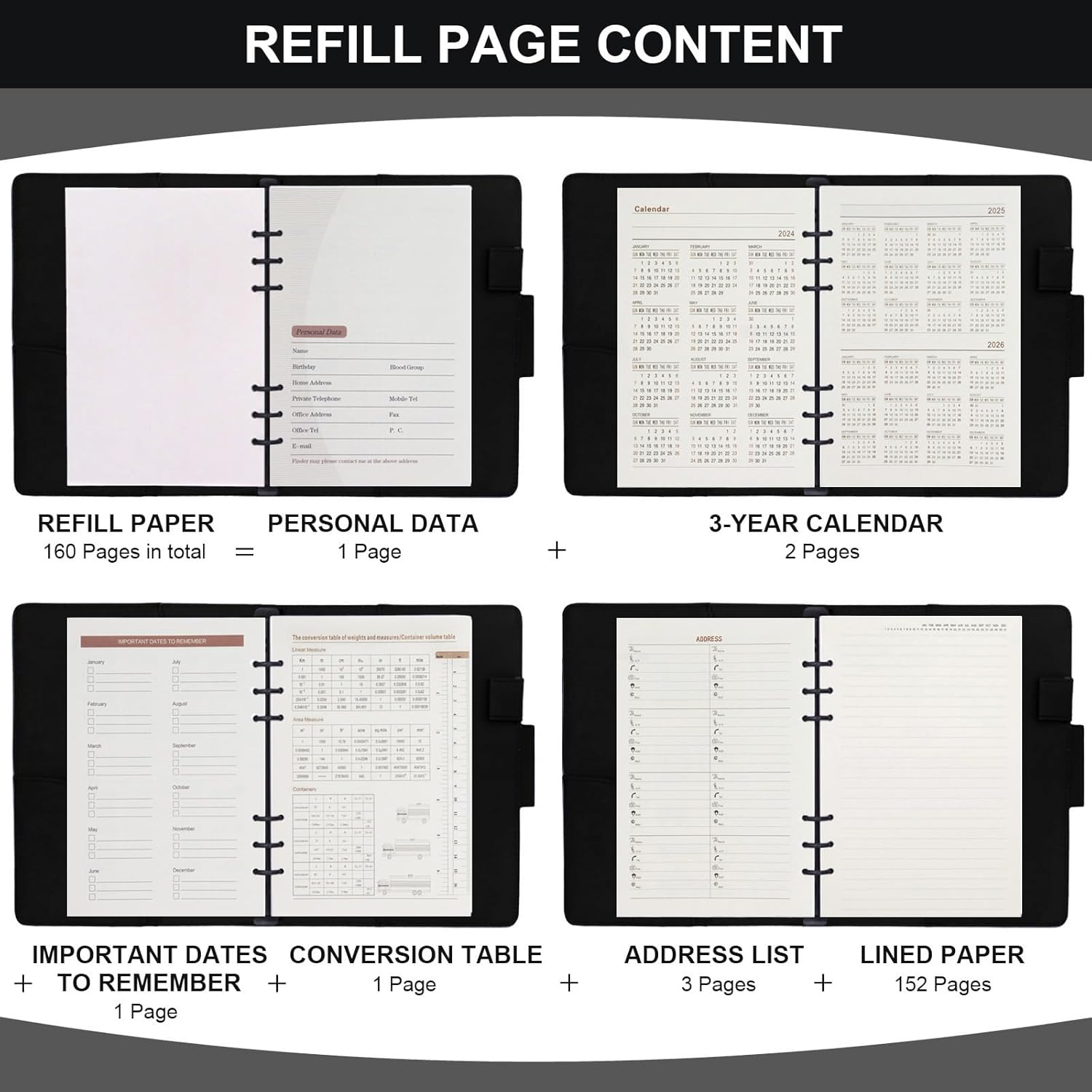 HXRTANGS PU Leather Notebook A5, 6-Ring Binder Journal Refillable Business Notebook, Personal Planner Organizer with Pockets/Pen Holder/Accessories/Lined Paper 160 Pages, Black image number 4