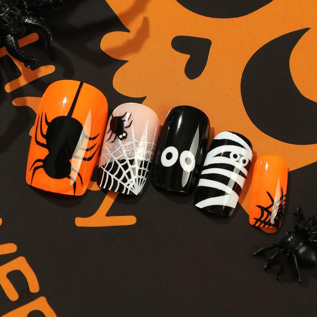 24Pcs Short Square Press on Nails Halloween Cute Fake Nails Black White Spider Web Cartoon Print Glossy Stick on Nails for Women DIY Manicure image number 5