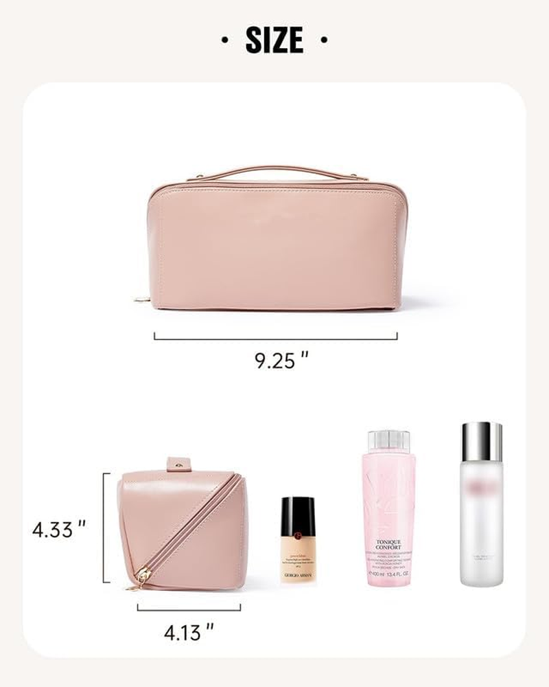 Travel Makeup Bag, Large Capacity Cosmetic Bags for Women, Waterproof Portable Pouch Open Flat Toiletry Bag, Make up Organizer with Divider and Handle (Pink) image number 1