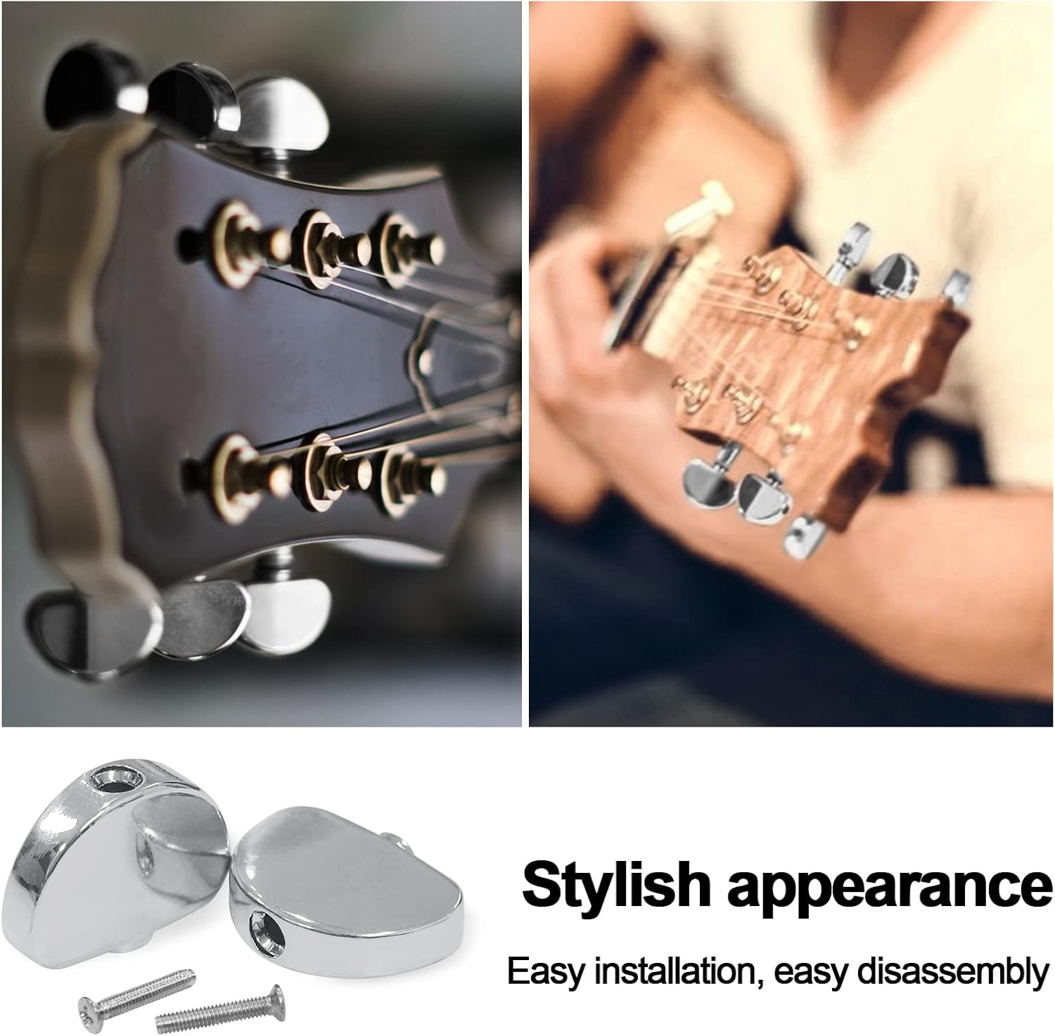 MAXCHEER 6PCS Metal Big Semicircle Guitar Tuning Pegs Tuners Machine Heads Replacement Buttons Knobs Handle (Chrome) - Black Semicircle image number 5