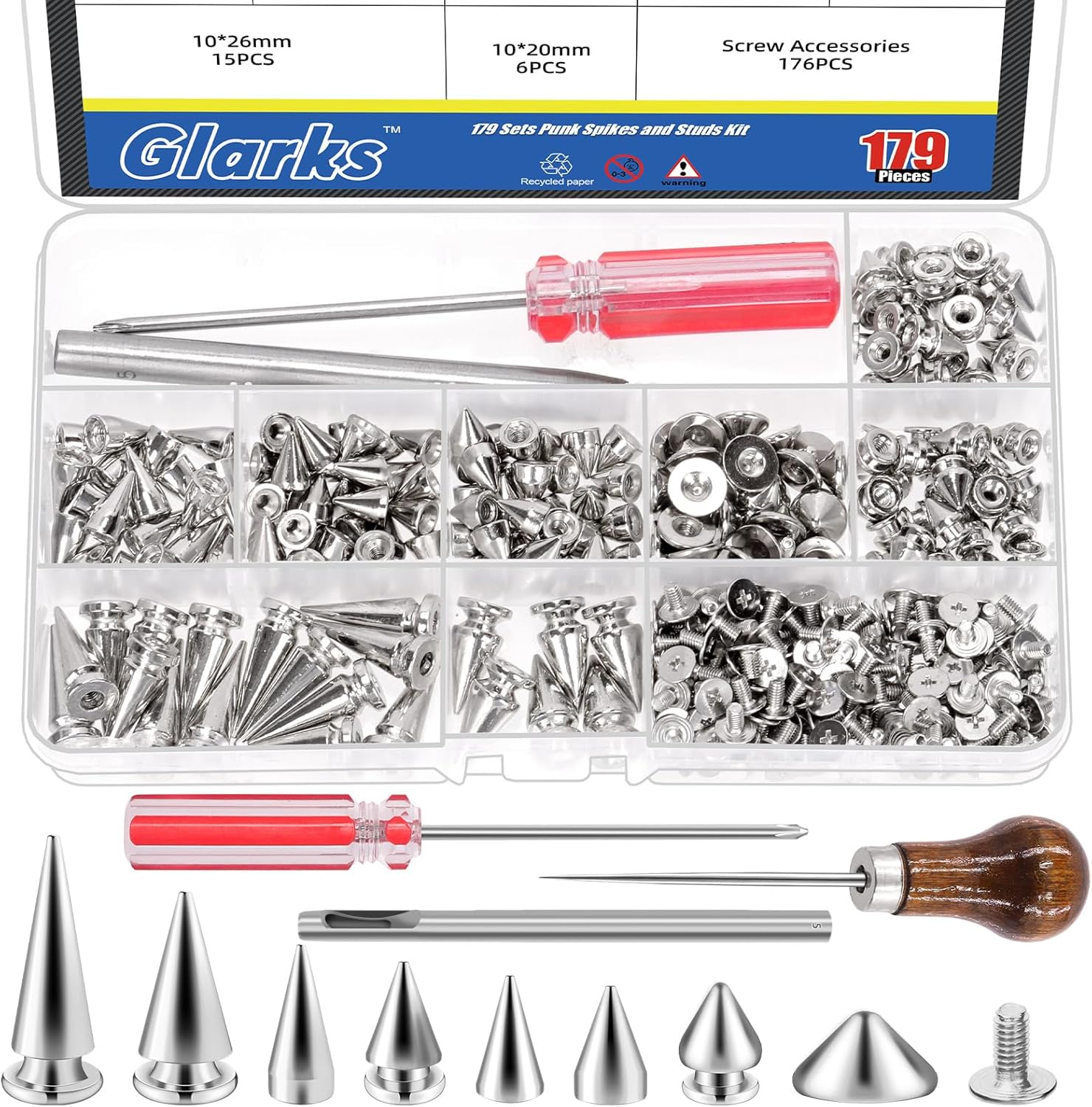 Glarks 355Pcs Silver Punk Spikes and Studs Kit, 7 Sizes Zinc Alloy Cone Spike and Stud Rivet, Metal Leather Tree Spikes Studs with Scratch Awl Screwdriver Punch for Punk Clothing Jacket Shoes Wallet image number 6