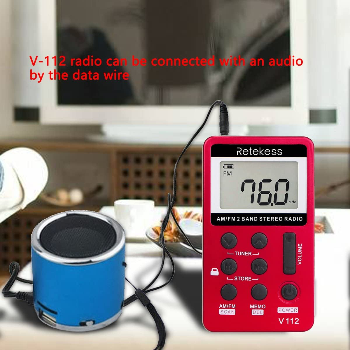 Retekess V112 Portable Pocket AM FM Radio Digital Tuning Mini Little Radios with Earphone Rechargeable Battery LCD Screen for Walk Running Kids Senior Adults (Red+Gold) - Gold+Red image number 2